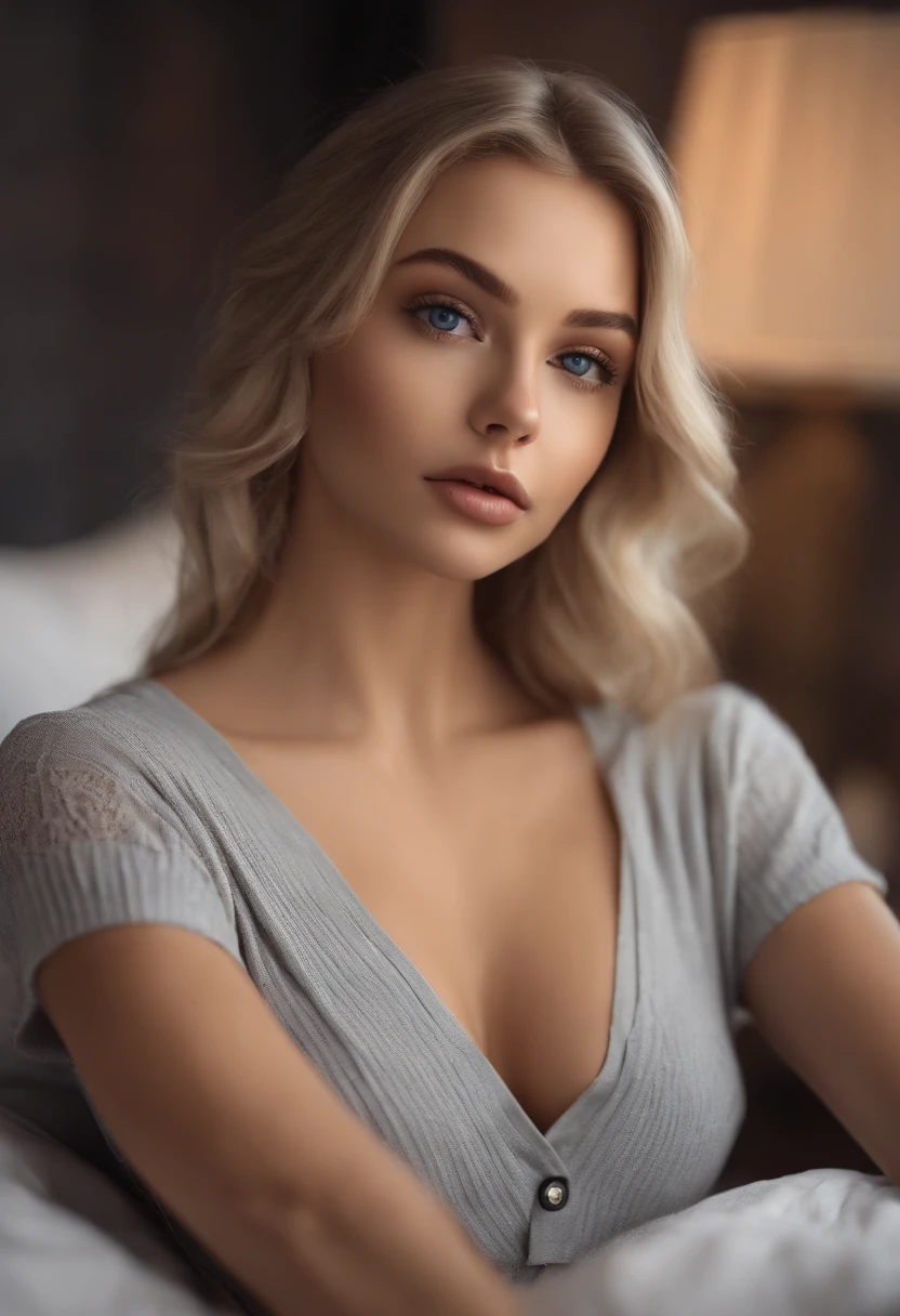 arafed woman fully , sexy girl with blue eyes, ultra realistic, meticulously detailed, portrait sophie mudd, blonde hair and large eyes, selfie of a young woman, bedroom eyes, violet myers, without makeup, natural makeup, looking directly at the camera, face with artgram, subtle makeup, stunning full body shot kneeling on bed, in bedroom, medium to large size bust mixed race