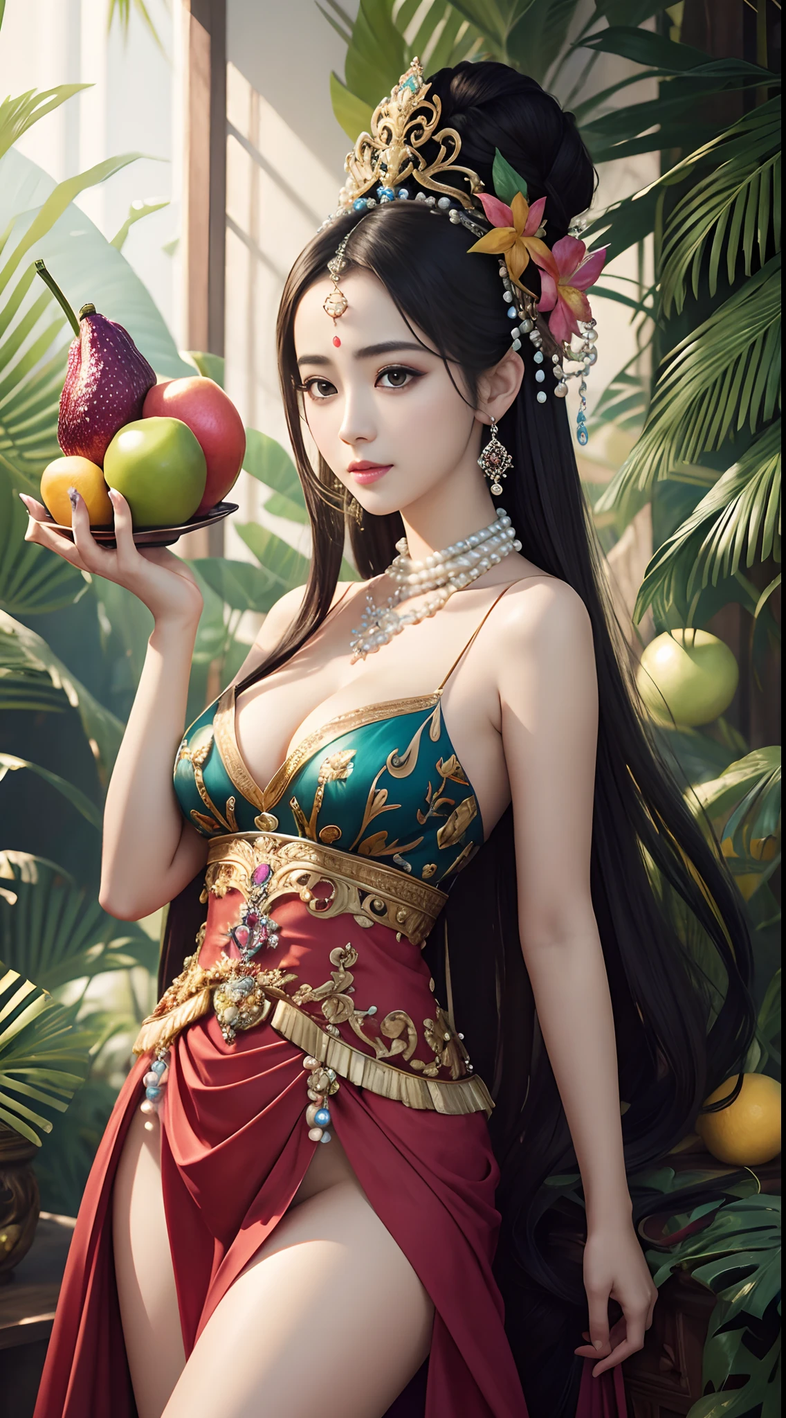 Dilraba Dilmurat, photorealistic, masterpiece, raw photo, fashion designer, beautiful, voluptous, cleavage, colorful tropical fruits, respledent pearls, barogue, baroque, in the style of Victor Ngai --auto