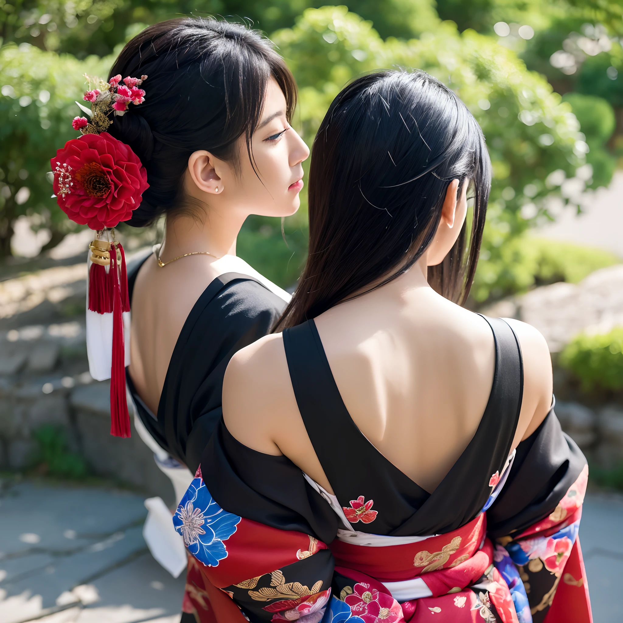 masutepiece, of the highest quality, Best Quality, Official art, Beautiful and aesthetic:1.2),1girl in, The tattoo, Solo, Komono, Red and black kimono, Hair Ornament, unsheathing, Black hair, scabbard, back tattoo, Dragon tattoo, Blue eyes, off shoulders, Bare shoulders, Looking back, from behind, flower, Looking at Viewer, Holding, makeup, plein air,Japan Oiran、High image quality ultra-detail and detail、