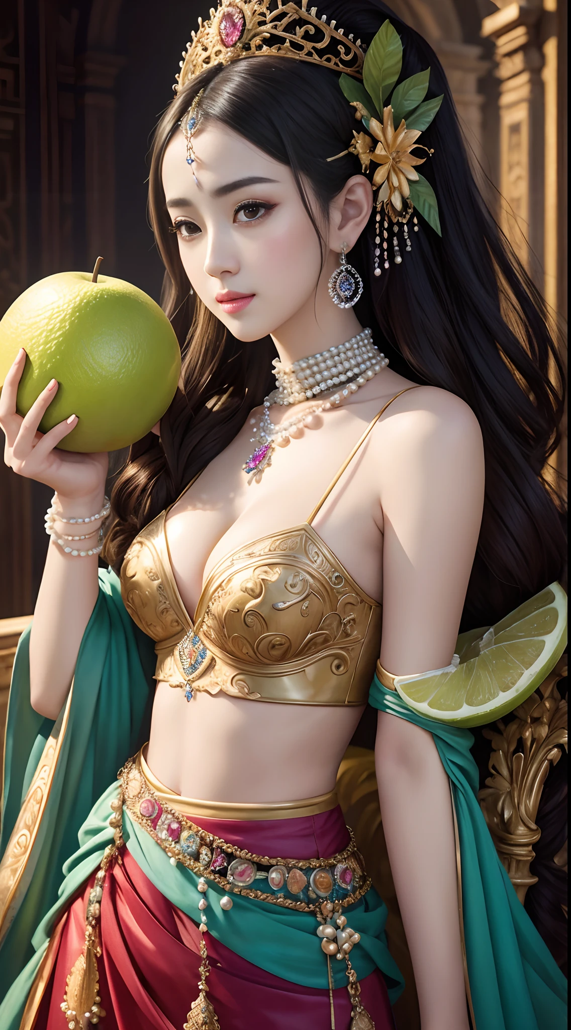 Dilraba Dilmurat, photorealistic, masterpiece, raw photo, fashion designer, beautiful, voluptous, cleavage, colorful tropical fruits, respledent pearls, barogue, baroque, in the style of Victor Ngai --auto