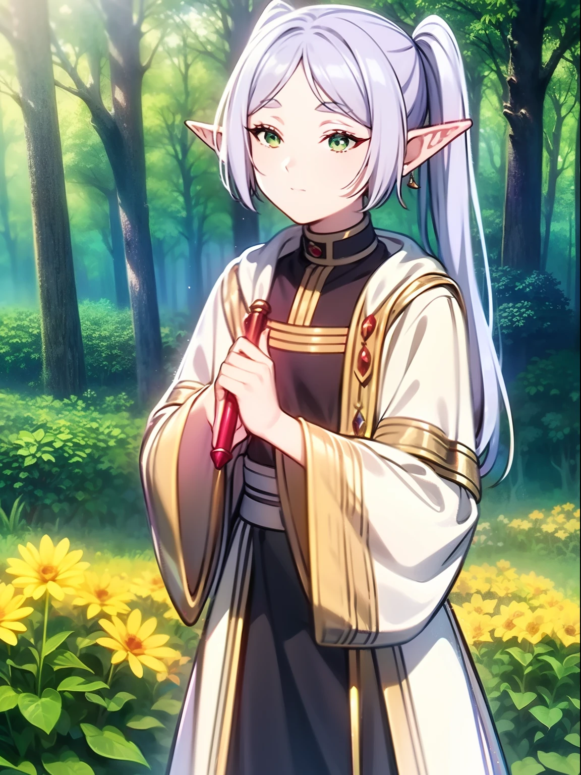 long silver hair, green detailing sparkling eyes, Flower fairy, Transparent colorful wings, Magic wand，The background is forest，fresh flowers，green trees，Outstanding quality，illustration，8k，High definition,Hair tied up in ponytails, elf ears