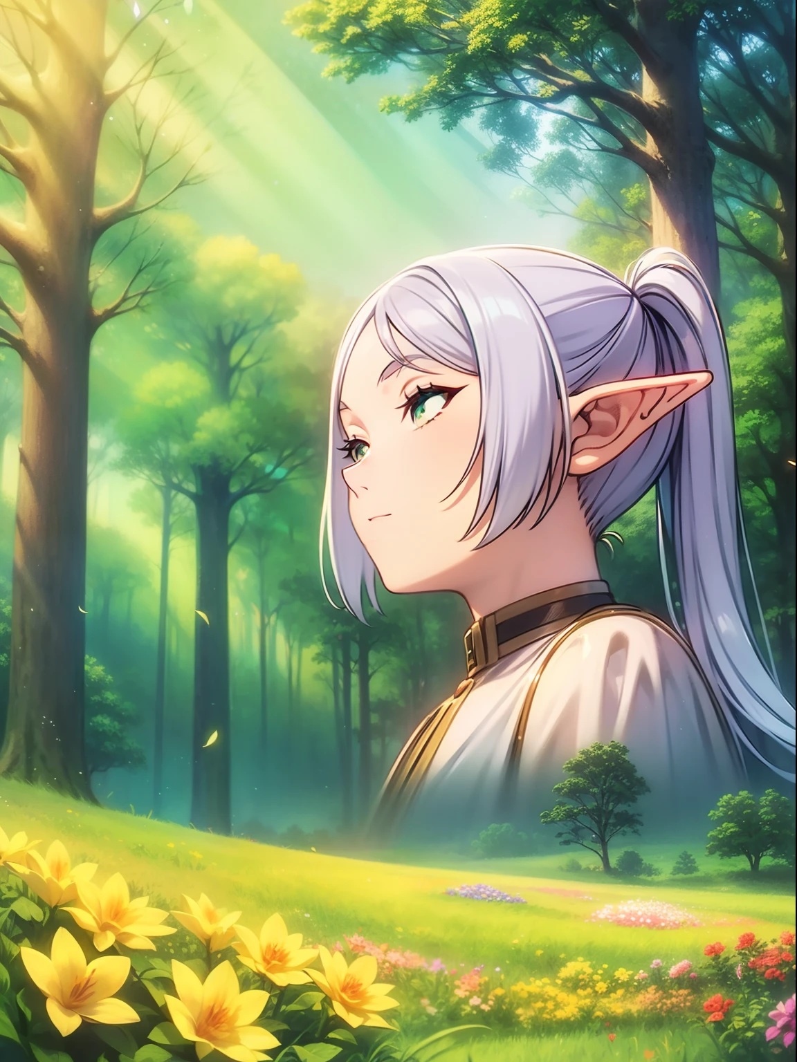 long silver hair, green detailing sparkling eyes, Flower fairy, Transparent colorful wings, Magic wand，The background is forest，fresh flowers，green trees，Outstanding quality，illustration，8k，High definition,Hair tied up in ponytails, elf ears