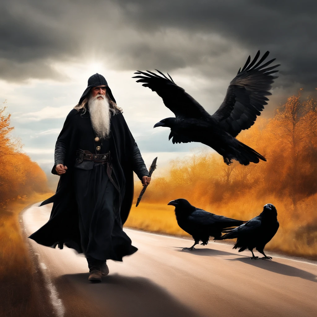 Norse God Odin wearing black cloths traveling along a road and being accompanied by crows