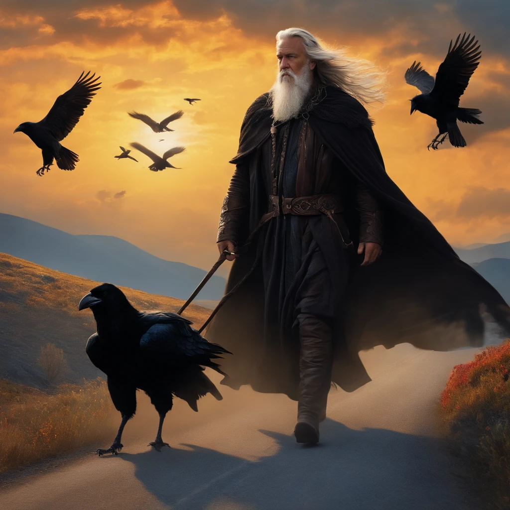 Norse God Odin wearing black cloths traveling along a road and being accompanied by crows