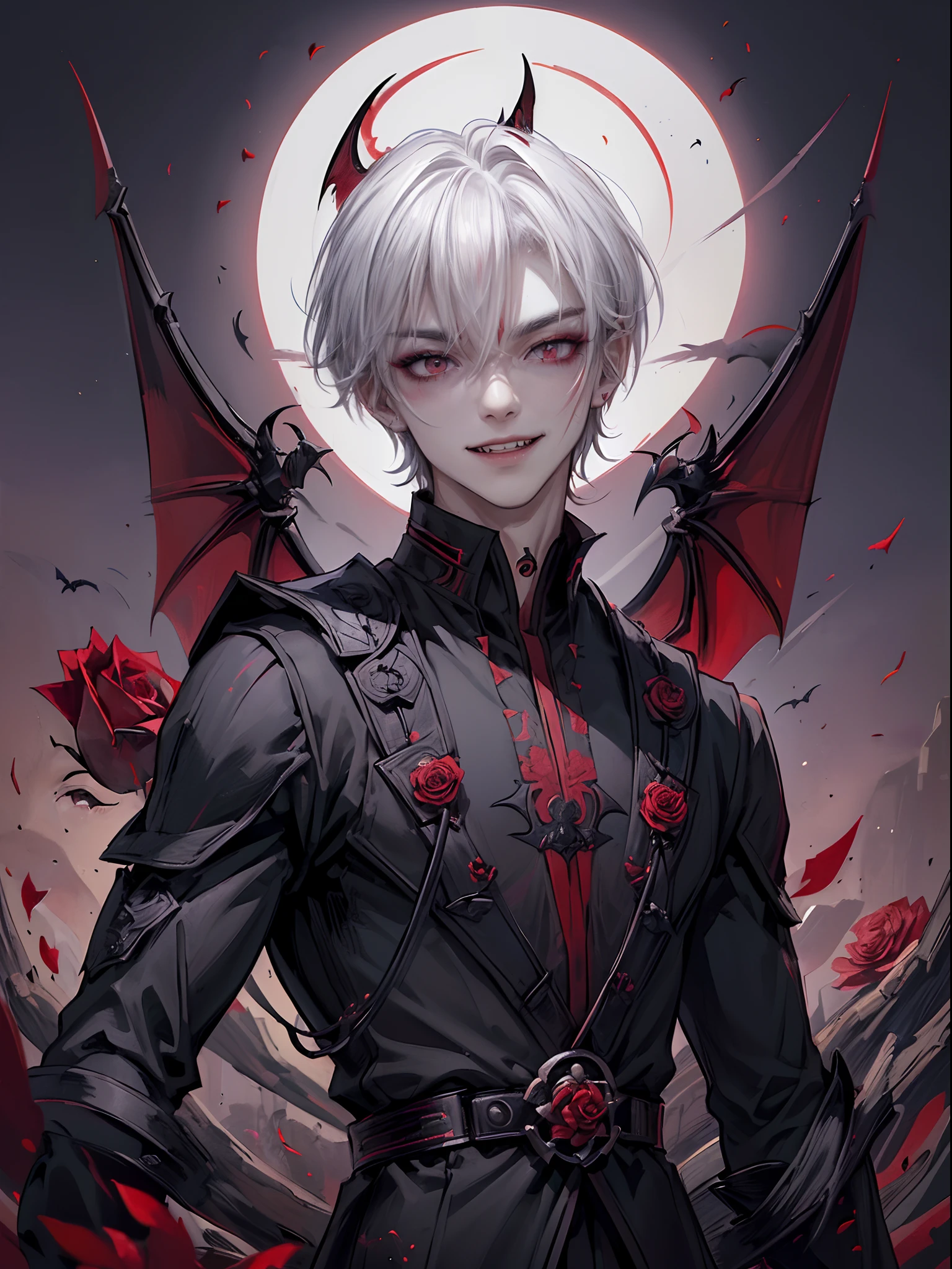 ((4K works))、​masterpiece、（top-quality)、((high-level image quality))、((One beautiful vampire man))、Slim body、((Vampire Black Y-Shirt Fashion))、(Detailed beautiful eyes)、((Red roses and crows on fantastic black background))、Inside the Evil Castle、((Face similar to Chaewon in Ruseraphim))、((short-haired))、(((white  hair)))、((Smaller face))、((Neutral face))、((Red Eyes))、((Korean Male))、((18year old))、((wild boy))、((Show your teeth and smile))、((Korean makeup with black eyeshadow))、((elongated and sharp eyes))、(((Shot alone)))、((Vampires))、Vampire Photos、Villain、Dark Proof、((Shot diagonally from the side))、Vampire Pose、King of Fallen Angels