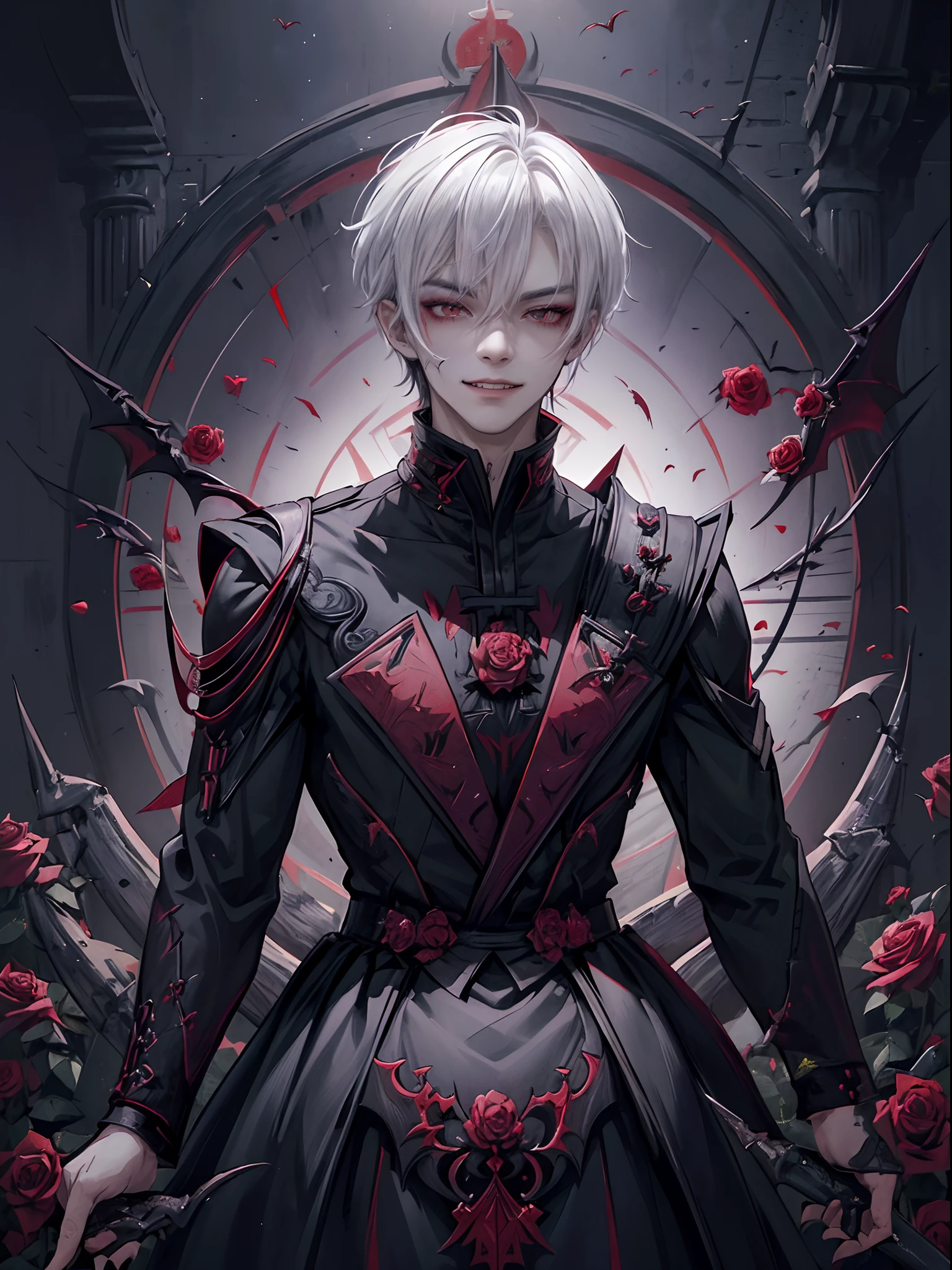 ((4K works))、masterpiece、(top-quality)、((high-level image quality))、((One beautiful vampire man))、Slim body、((Vampire Black Y-Shirt Fashion))、(Detailed beautiful eyes)、((Red roses and crows on fantastic black background))、Inside the Evil Castle、((Face similar to Chaewon in Ruseraphim))、((short-haired))、(((white hair)))、((Smaller face))、((Neutral face))、((Red Eyes))、((Korean Male))、((18year old))、((wild boy))、((Show your teeth and smile))、((Korean makeup with black eyeshadow))、((elongated and sharp eyes))、(((Shot alone)))、((Vampires))、Vampire Photos、Villain、Dark Proof、((Shot diagonally from the side))、Vampire Pose、King of Fallen Angels