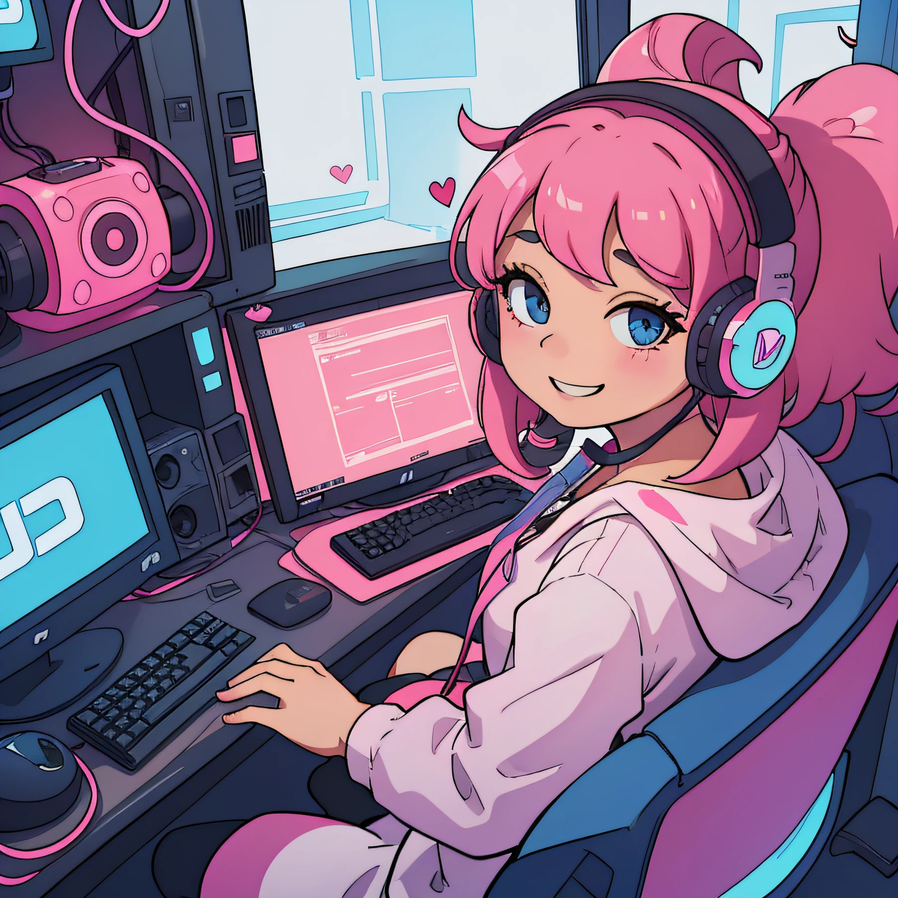 menina neon,cabelos ondulados rosa, headset,sorriso,sinal de paz e amor,olhos castanhos, estudando em seu computador