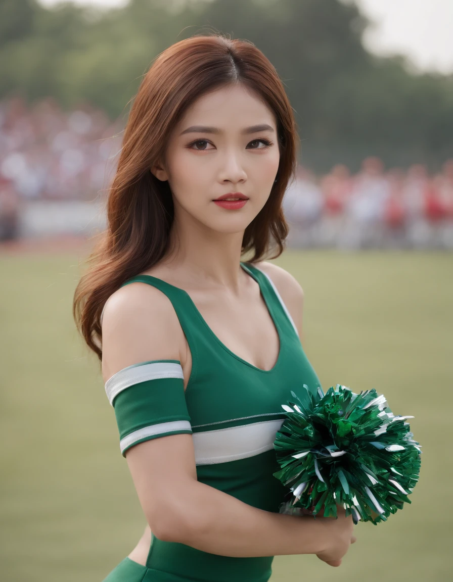 ((Best Quality, 8k, photo realistic:1.4, Masterpiece)), back Lighting, highly detailed facial textures women, 24yo, (((green Cheerleader:1.2))), ((Stadium Background: 1.2)), arm up, ultra-detailed skin, beautiful make up, detailed eyes, smirk taunting, fierce and arrogant face, asian, smooth armpits, sexy costume, korean, sexy body, villain:1.5, dominatrix:1.5