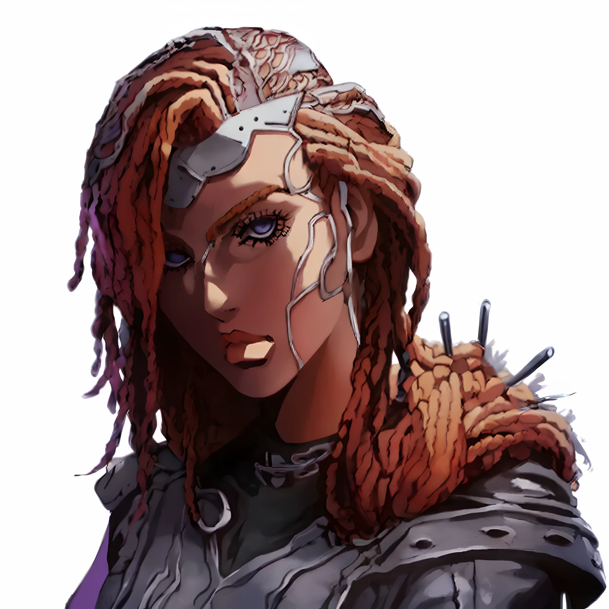 Stone Ocean, Masterpiece, Best Quality, Portrait, a 1girl, pale skin, red hair dreadlocks, kblack eyes, Indifferent, cocky