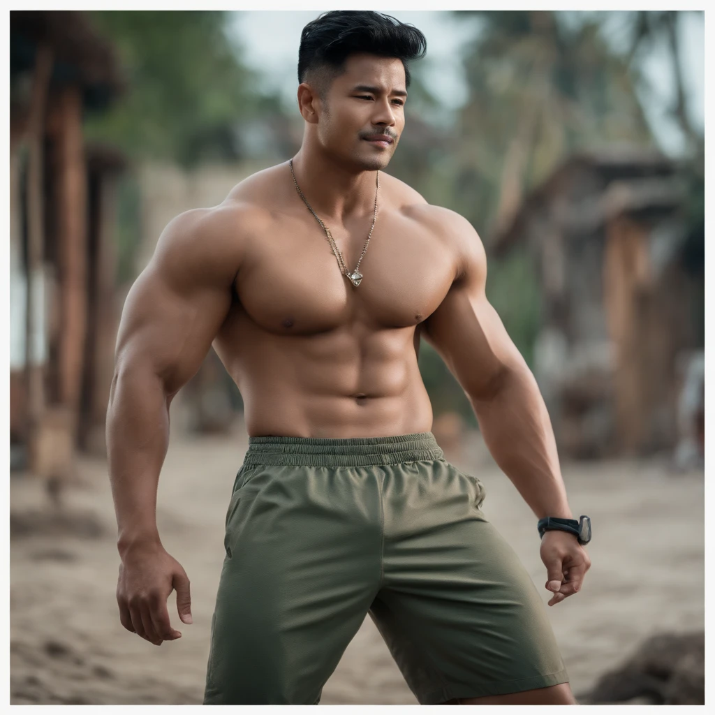 1 man，1 male，Asian male，Asian people，Realistic, (Masterpiece, Top quality, Best quality, offcial art), Very detailed, Most detailed, God, Short hair, Black hair, Handsome man, necklace, pectoral, Abs, Brown skin, Black eyes, Handsome， Muscular, ((Wide shoulders and wide waist)), Shirtless，，Wearing gym shorts，The bare legs are hairy，Calf muscular feeling，Barefoot，ssmile，There are hairs on the toes，full bodyesbian，The ass sits on the ground，legs are open，Delicate man feet，