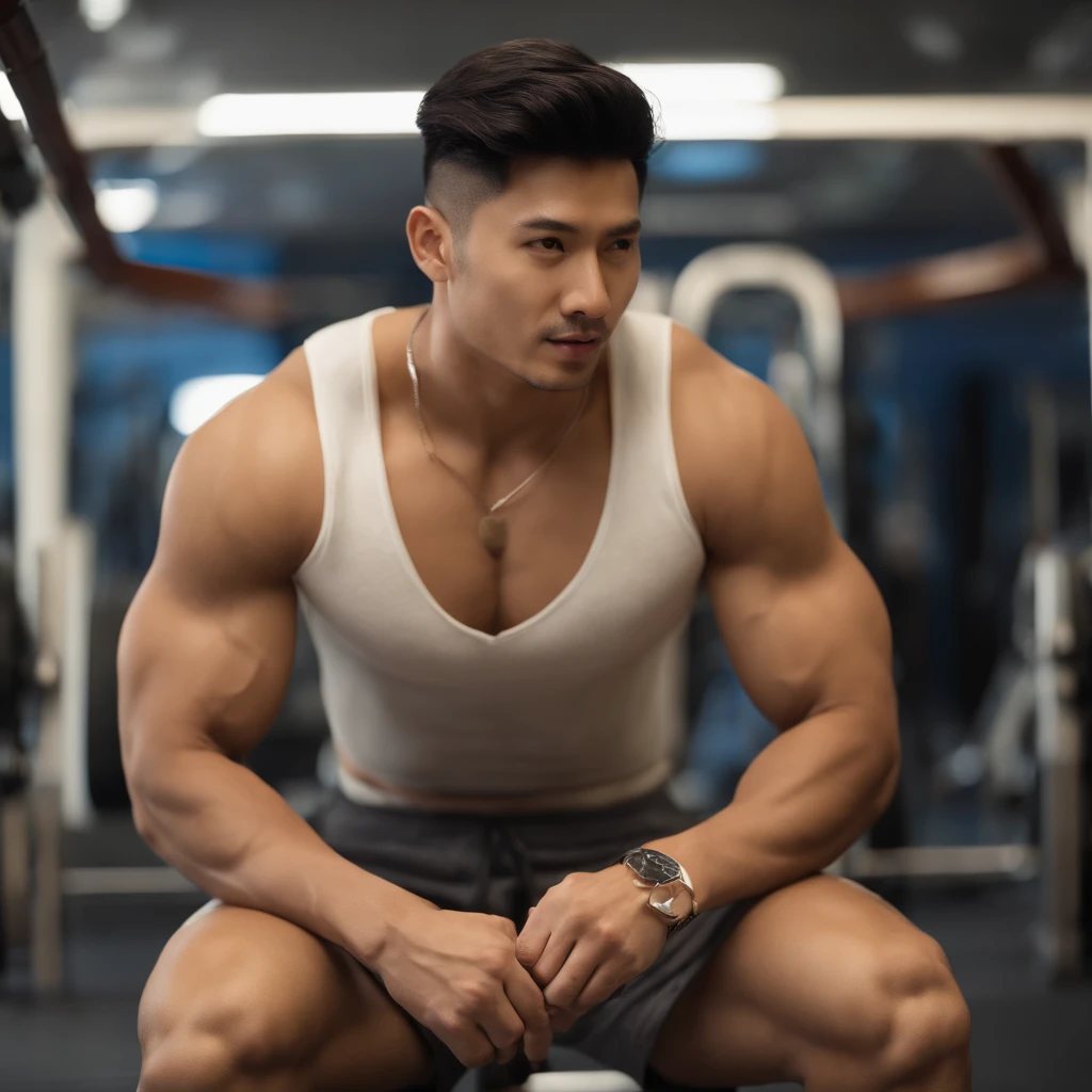 1 man,1 male,Asian male,Asian people,Realistic, (Masterpiece, Top quality, Best quality, offcial art), Very detailed, Most detailed, God, Short hair, Black hair, Handsome man, necklace, pectoral, Abs, Brown skin, Black eyes, Handsome, Muscular, ((Wide shoulders and wide waist)), Shirtless,,Wearing gym shorts,The bare legs are hairy,Calf muscular feeling,Barefoot,ssmile,There are hairs on the toes,full bodyesbian,The ass sits on the ground,legs are open,Delicate man feet,