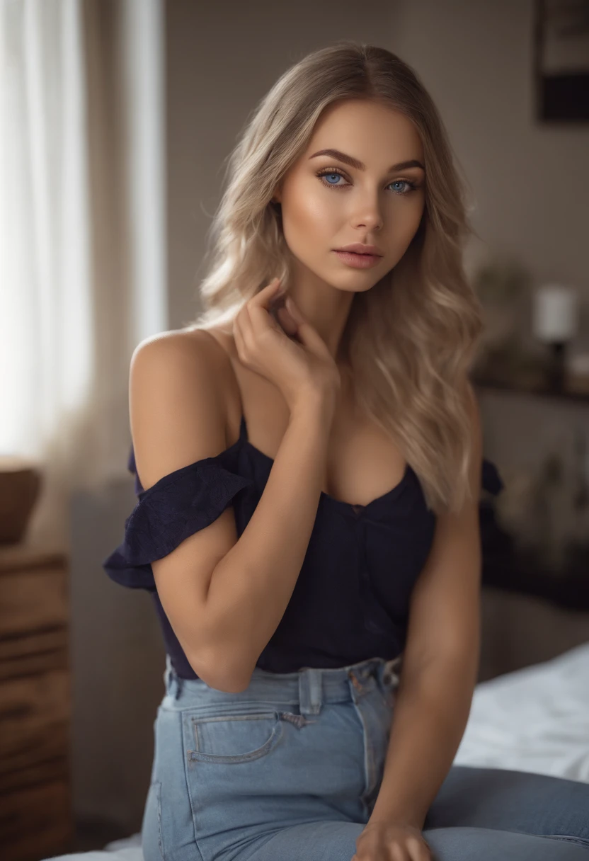 Hermosa joven sueca, pelo rubio, cabello muy rubio, pelo rubio largo rizado, rubia, joven estilo suecia, ojos grises, piel blanca, senos naturales normales, senos normales, smal boobs, small breast size ,mujer sexy, estilo de cuerpo sexy, estilo elegante, cadera ancha, pompas grandes, pompas firmes, pompas suaves, muslo grande, muslo carnoso, cadera sexy, usando jeans azules ajustados, usando jeans que esten pegados a su cadera grande, small waist, cintura delgada, usando blusa de tirantes blanca,