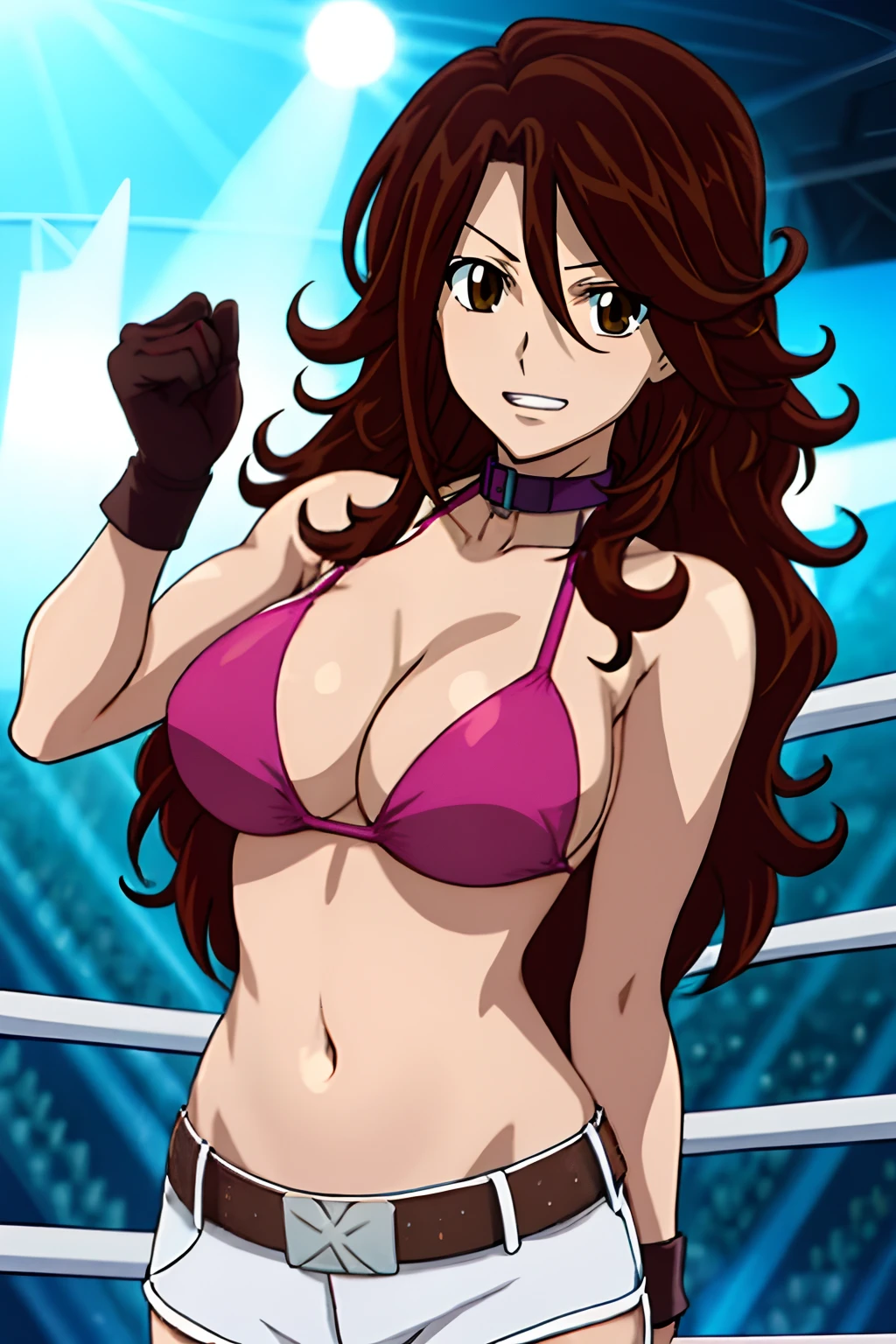 curvy midsection, solo, 1 girl, female wrestler, ultra toned arms, smile, ), (detailed titration screen, upper body only, anime style: 1.8, anime drawing, ultra detailed face, ultra detailed body, 4k, Sumergai Lee Noriega, (standing), best quality, anime style, hires, highest definition, digital blending, bold drawing lines, ((wwe diva), ((location: wrestling arena, crowds watching)), ( pro female wrestler, slim body, (little biceps), , off-shoulders, closed fists, (very curvy: 2.8)), ((elegant bikini , shorts, white gloves, collar, arm band, (champion belt))), (pale skin, big breasts, widely open mouth, teeth), (big eyes, brown eyes, shiny eyes), (), (brown hair, loose hair, curly hair, wavy hair, long hair, missy hair), 27 years old