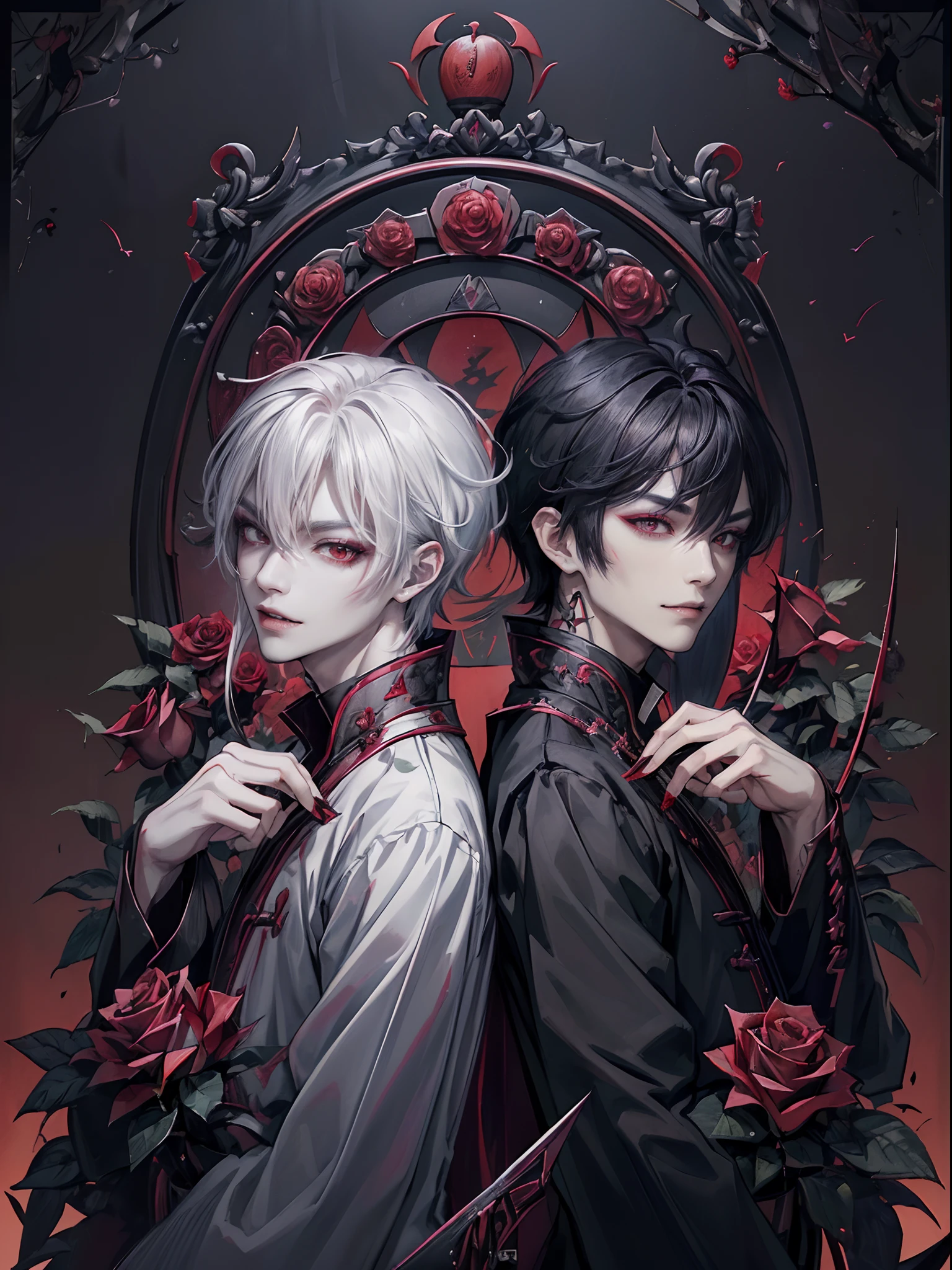 ((4K works))、​masterpiece、（top-quality)、((high-level image quality))、((One beautiful vampire man))、Slim body、((Vampire Black Y-Shirt Fashion))、(Detailed beautiful eyes)、((Red roses and crows on fantastic black background))、Inside the Evil Castle、((Face similar to Chaewon in Ruseraphim))、((short-haired))、(((white  hair)))、((Smaller face))、((Neutral face))、((Red Eyes))、((Korean Male))、((18year old))、((wild boy))、((Show your teeth and smile))、((Korean makeup with black eyeshadow))、((elongated and sharp eyes))、(((Shot alone)))、((Vampires))、Vampire Photos、Villain、Dark Proof、((Shot diagonally from the side))、Vampire Pose、King of Fallen Angels