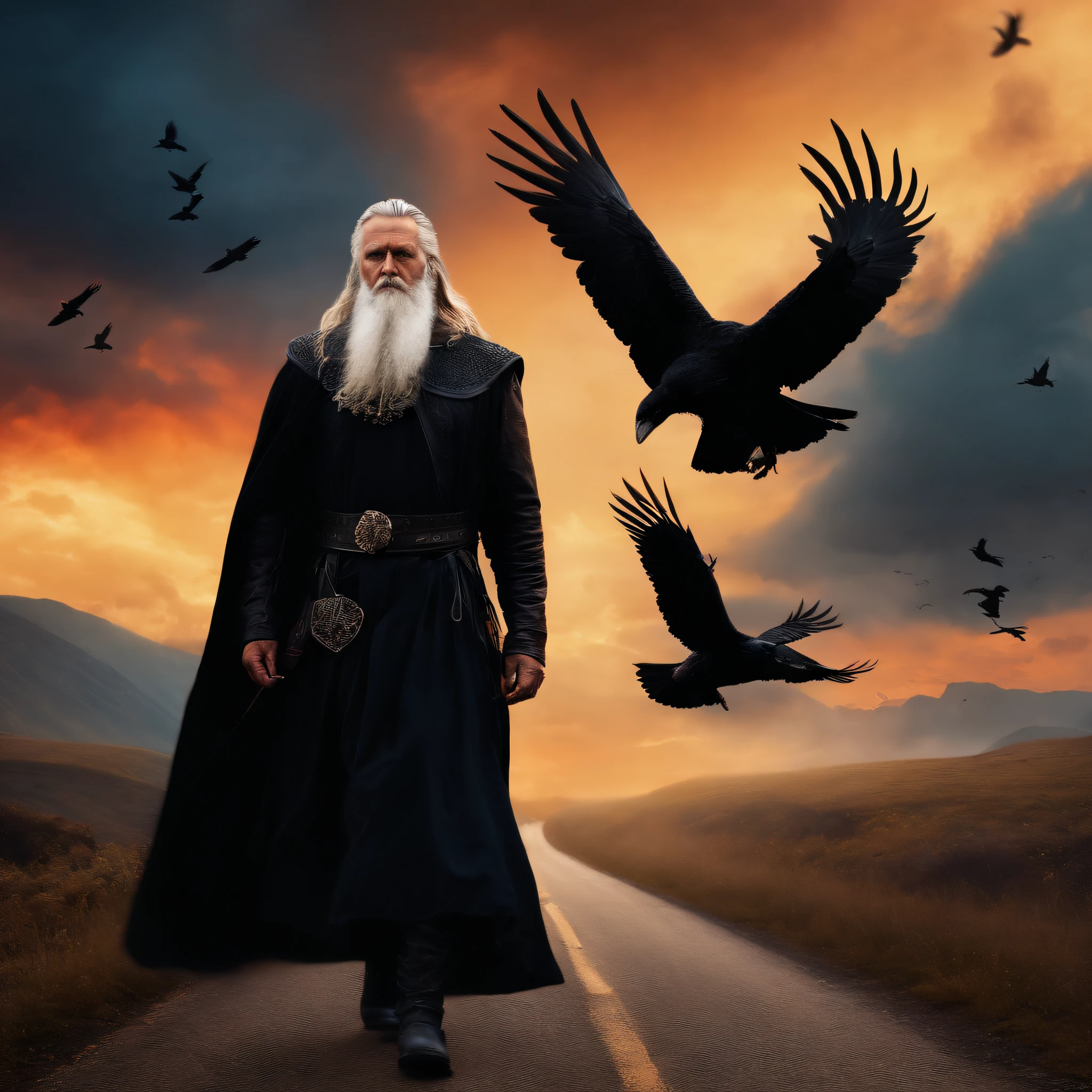 Norse God Odin wearing black cloths traveling along a road and being accompanied by crows