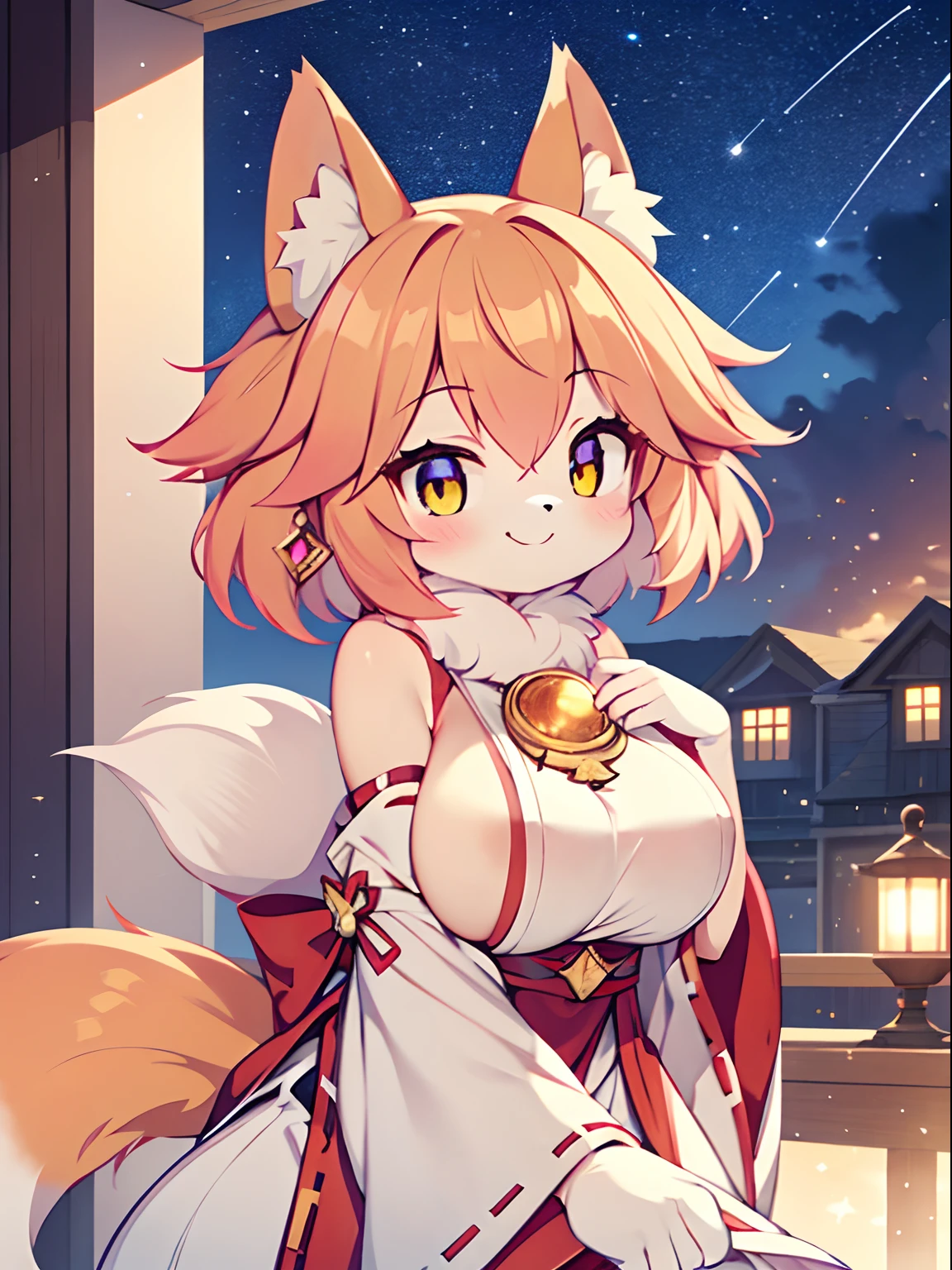 Fox girl, furry, furry, golden fur, golden face fur, long pink hair, reddish-orange gradient eyes, super cute face, brown element on fur, miko, beautiful lights and shadows, ambient light, super fine fur, volumetric light, night, clouds and stars in the sky, starry sky outside, shooting stars, natural lighting, smile, fluffy tail, color contact lenses, big boobs, thicc,