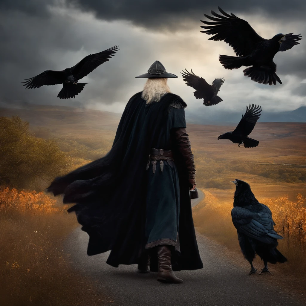 Norse God Odin wearing black cloths traveling along a road and being accompanied by crows, fantasy art