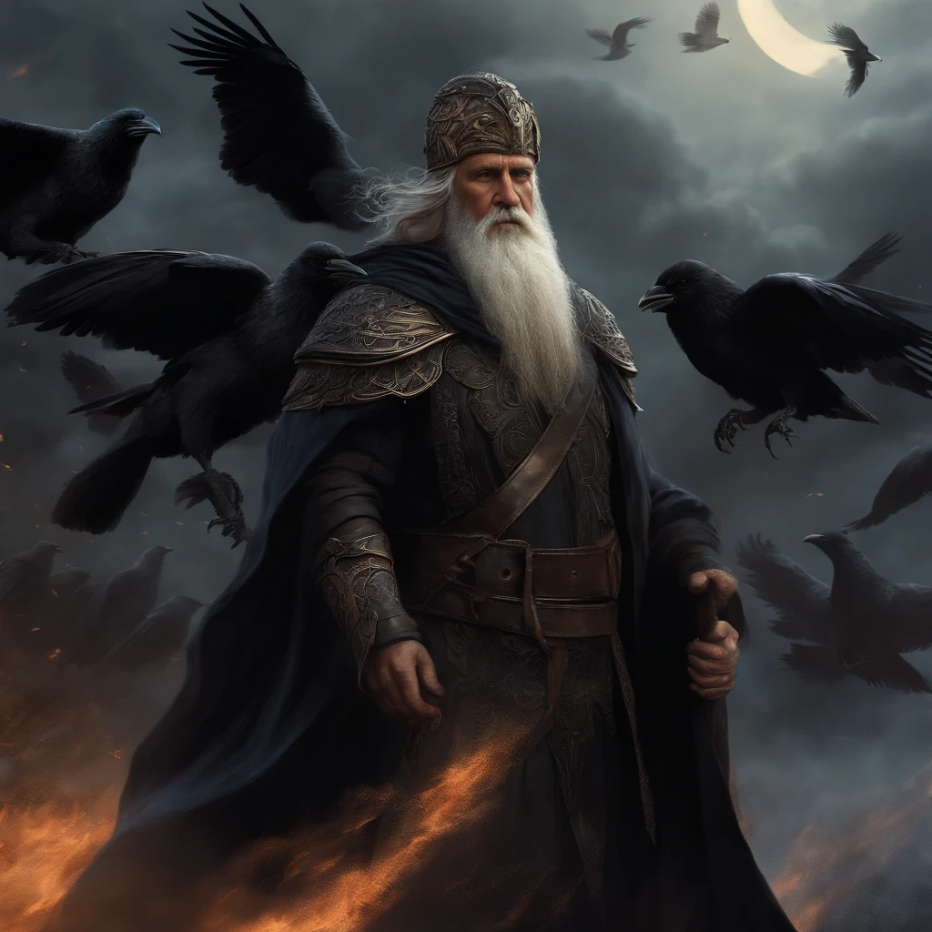 Norse God Odin wearing black cloths traveling along a road and being accompanied by crows, fantasy art