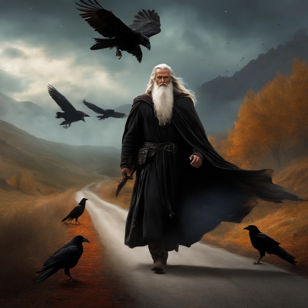 Norse God Odin wearing black cloths traveling along a road and being accompanied by crows, fantasy art