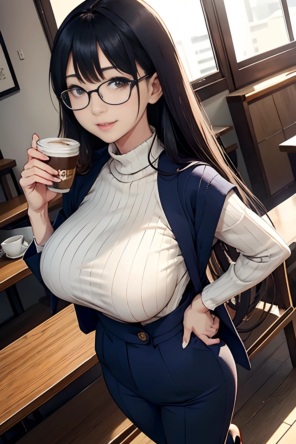 japanes　OL 、A dark-haired　Longhaire、eye glass、Sleeveless　Beige Knitwear、high-waisted　Blue pantsuit、Wearing black high heels、Colossal tits、gargantuan butt、Coffee café　the morning sun、Wearing Wedding Rings　wrist watch、A smile、is standing