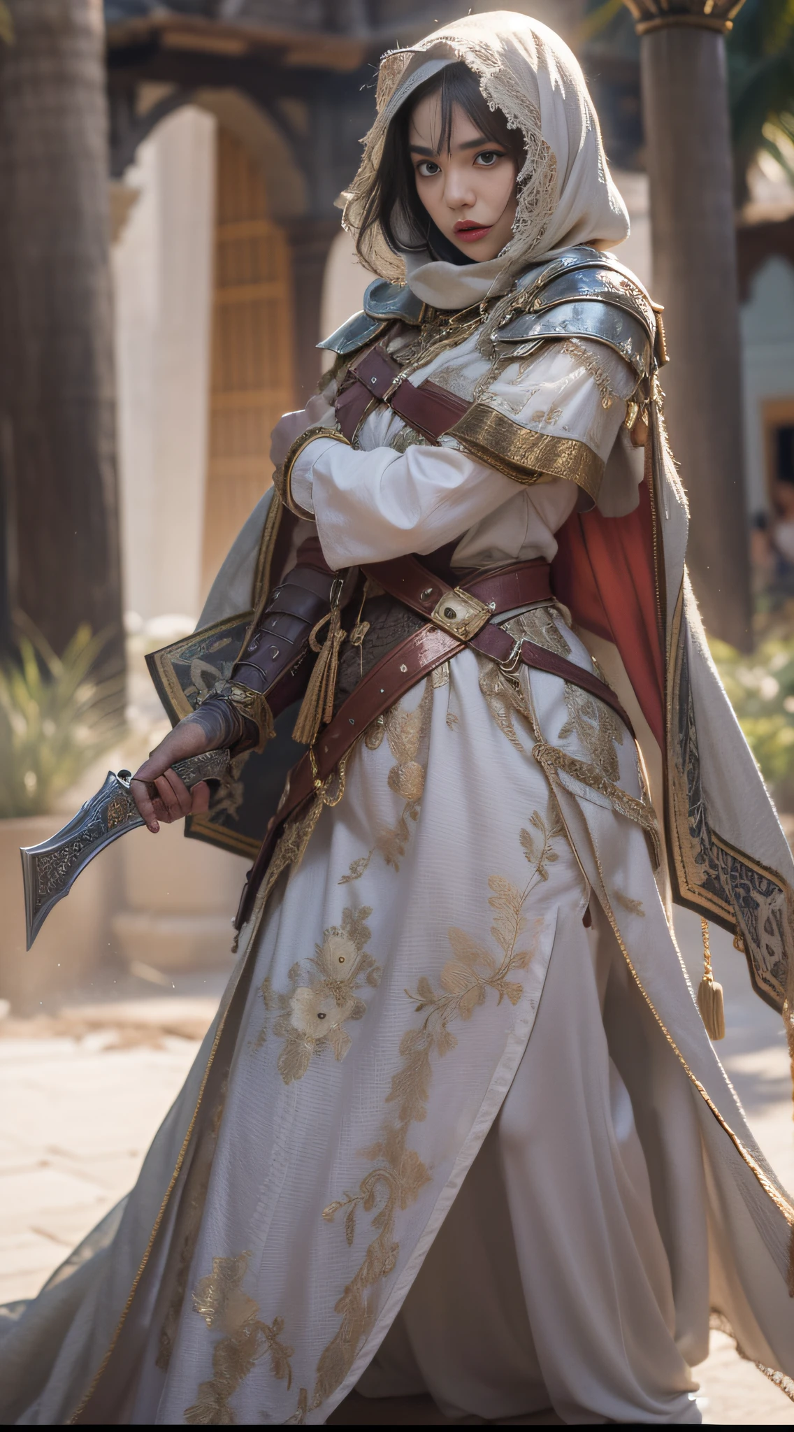 a beautiful woman, wearing cape hijab, whole body covered by battle armor, standyng on the flower garden in front yard of a mosque, holding sword, chest armor accessories, elegant style pose, kpop idol face, perfect face, perfect body, big chests,