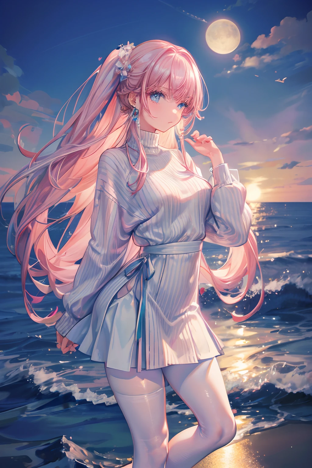 best qualtiy,tmasterpiece,超A high resolution,(真实感:1.4),RAW photogr,Warm lights,Sea and beaches,1girl in,Walking on the beach,White collar blouse,short pink skirt,Sandals,the setting sun,cabelos preto e longos,(slim,Dignified,Shy Expressions),Beautiful teenage girl,beautiful goddess,Detailed scene, beautiful digital illustrations, detaileds,ultra-detailliert, cinematic quality,((From below))