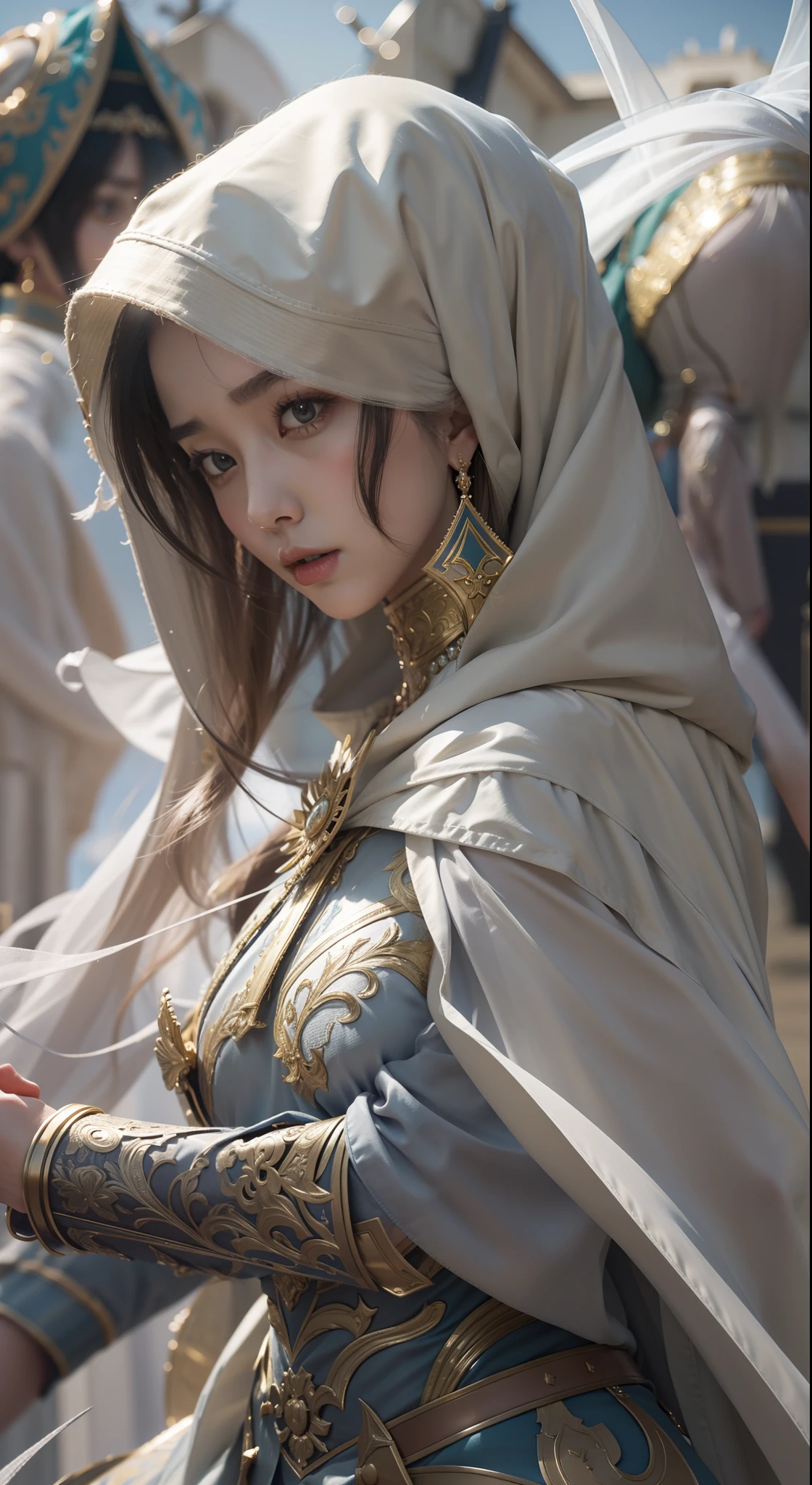 masterpiece, best quality, cinematic light, ultra high res, 8k uhd, intricate details, nature light, film grain, dreamlike, perfect anatomy, best shadow, delicate, RAW>, pleasured expression, spotless face, perfect face, perfect body, expressive eyes, 2girls, wearing cape hijab, attacking each other, sword fighting on the battlefield in front yard of a sultan palace, whole body covered by long dress, wearing full body battle armor, chest cover accessories, non-transparent clothing, angry face, kpop idol face, perfect face, perfect body, big chest,