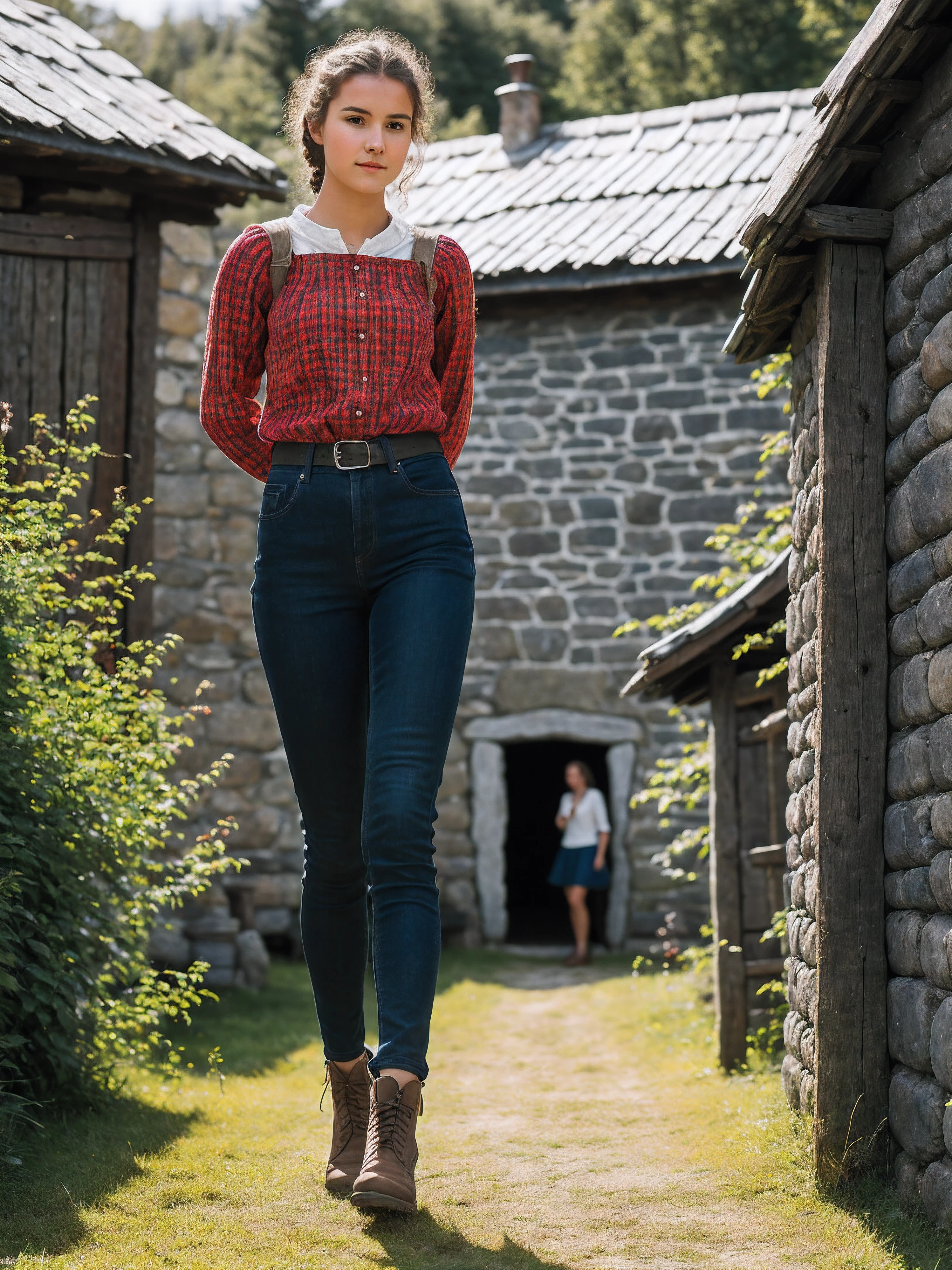 RAW photo,full body shot,of 19yo girl inside a medieval norway rural settlement,attractive,gorgeous,slim,fit,athletic, updo,(high detailed skin:1.2), 16k uhd, dslr, warm filling light, high quality, Canon EOS 90D