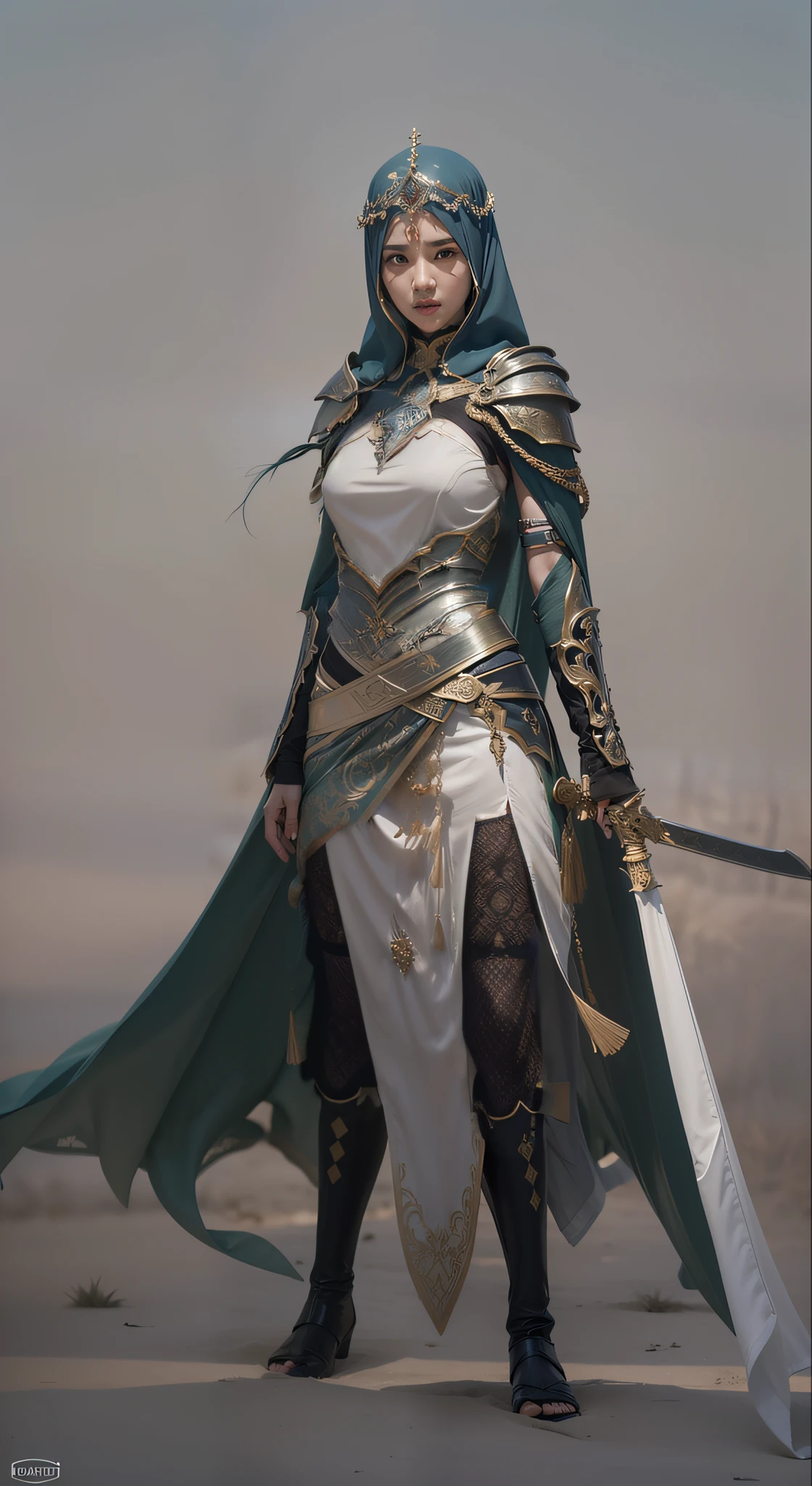 masterpiece, best quality, cinematic light, ultra high res, 8k uhd, intricate details, nature light, film grain, dreamlike, perfect anatomy, best shadow, delicate, RAW>, pleasured expression, spotless face, perfect face, perfect body, expressive eyes, 2girls, wearing cape hijab, attacking each other, sword fighting on the battlefield in front yard of a sultan palace, whole body covered by long dress, wearing full body battle armor, chest cover accessories, non-transparent clothing, angry face, kpop idol face, perfect face, perfect body, big chest,