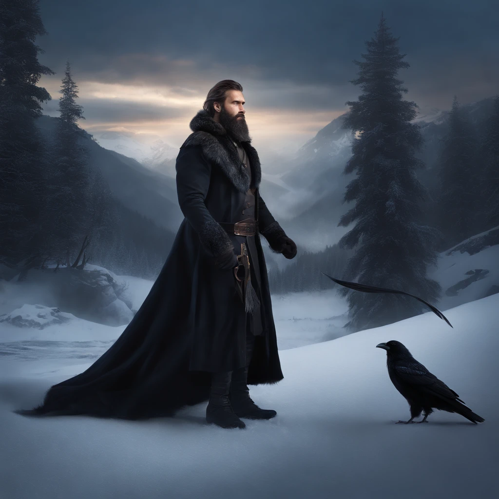 (best quality,highres,ultra-detailed),realistic,portrait,serious expression,bewitching eyes,flowing beard,cold winter landscape,gloomy atmosphere,smooth texture,black feathers,crow companions,dusk,distant mountains,strong winds,frosty breath,ancient staff,majestic pose,wisdom and power,harmony with nature,mythological figure,mysterious aura,dramatic lighting,vibrant colors,powerful presence