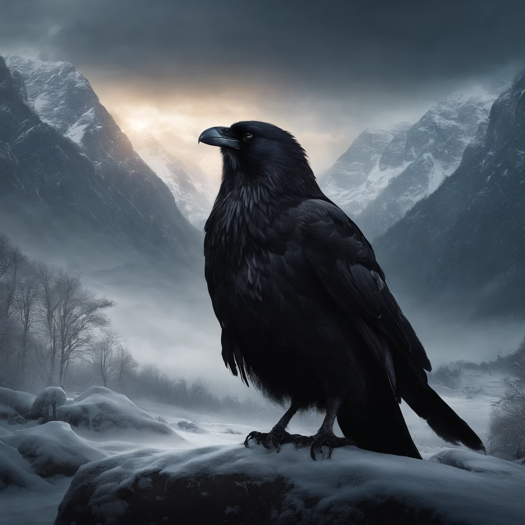 (best quality,highres,ultra-detailed),realistic,portrait,serious expression,bewitching eyes,flowing beard,cold winter landscape,gloomy atmosphere,smooth texture,black feathers,crow companions,dusk,distant mountains,strong winds,frosty breath,ancient staff,majestic pose,wisdom and power,harmony with nature,mythological figure,mysterious aura,dramatic lighting,vibrant colors,powerful presence