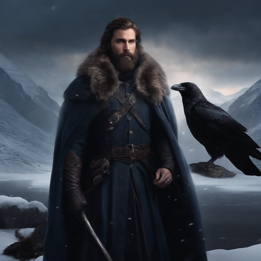 (best quality,highres,ultra-detailed),realistic,portrait,serious expression,bewitching eyes,flowing beard,cold winter landscape,gloomy atmosphere,smooth texture,black feathers,crow companions,dusk,distant mountains,strong winds,frosty breath,ancient staff,majestic pose,wisdom and power,harmony with nature,mythological figure,mysterious aura,dramatic lighting,vibrant colors,powerful presence