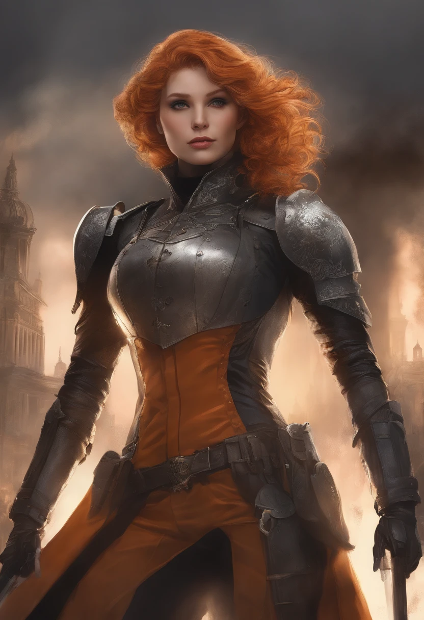 a beautiful woman, orange eyes, (blush nose), detailed eyes, cinematic, drawn by Greg Rutkowski, Yoji Shinkawa: 0.6long curly orange hair, defined body, wearing detailed Victorian-era armor (((super strong)), masterpiece, best quality, ultra-detailed, ground, destroyed city background, shadows, contrast, gray sky, style (look at viewer: 1.2) (skin texture) (film grain: 1.3), ultra-high resolution, octane render, 16k