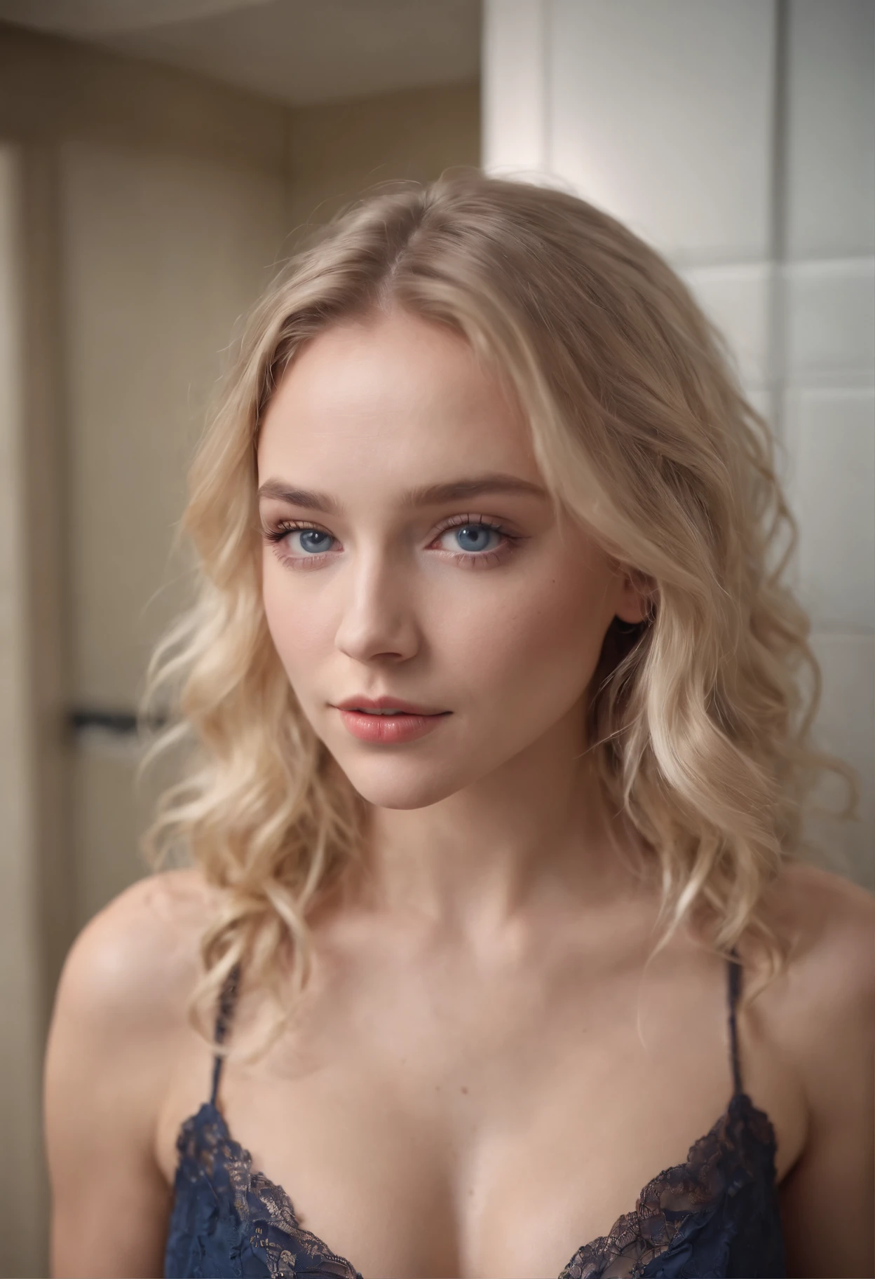 a pretty girl with blonde wavy hair and edges with dark blue eyes ,highly detailed, Wearing lingerie inside of restroom restroom