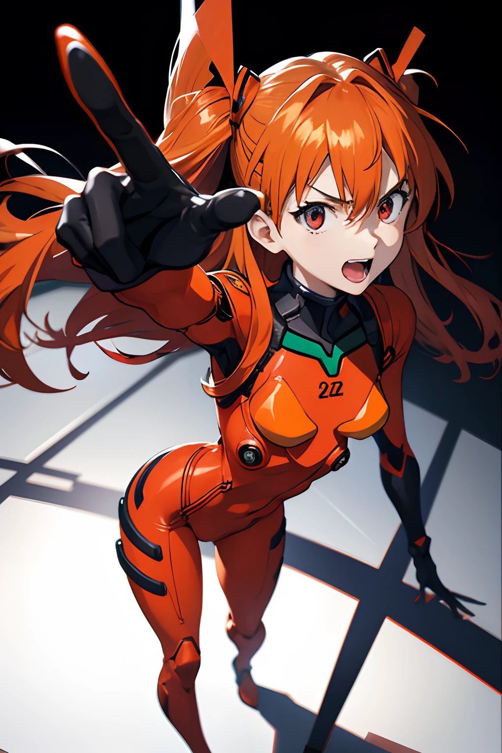 asuka, 1girl, solo, long hair, angry, smile, open mouth, red eyes, simple background, orange hair, hair ornament, gloves, hair between eyes, standing, full body, :d, small breasts, from side, two side up, parted bangs, bodysuit, leaning forward, turtleneck, headgear, happy, outstretched arm, pointing, black background, foreshortening, index finger raised, legs apart, pilot suit, bracer, plugsuit, pointing at viewer, blue bodysuit, skinny,