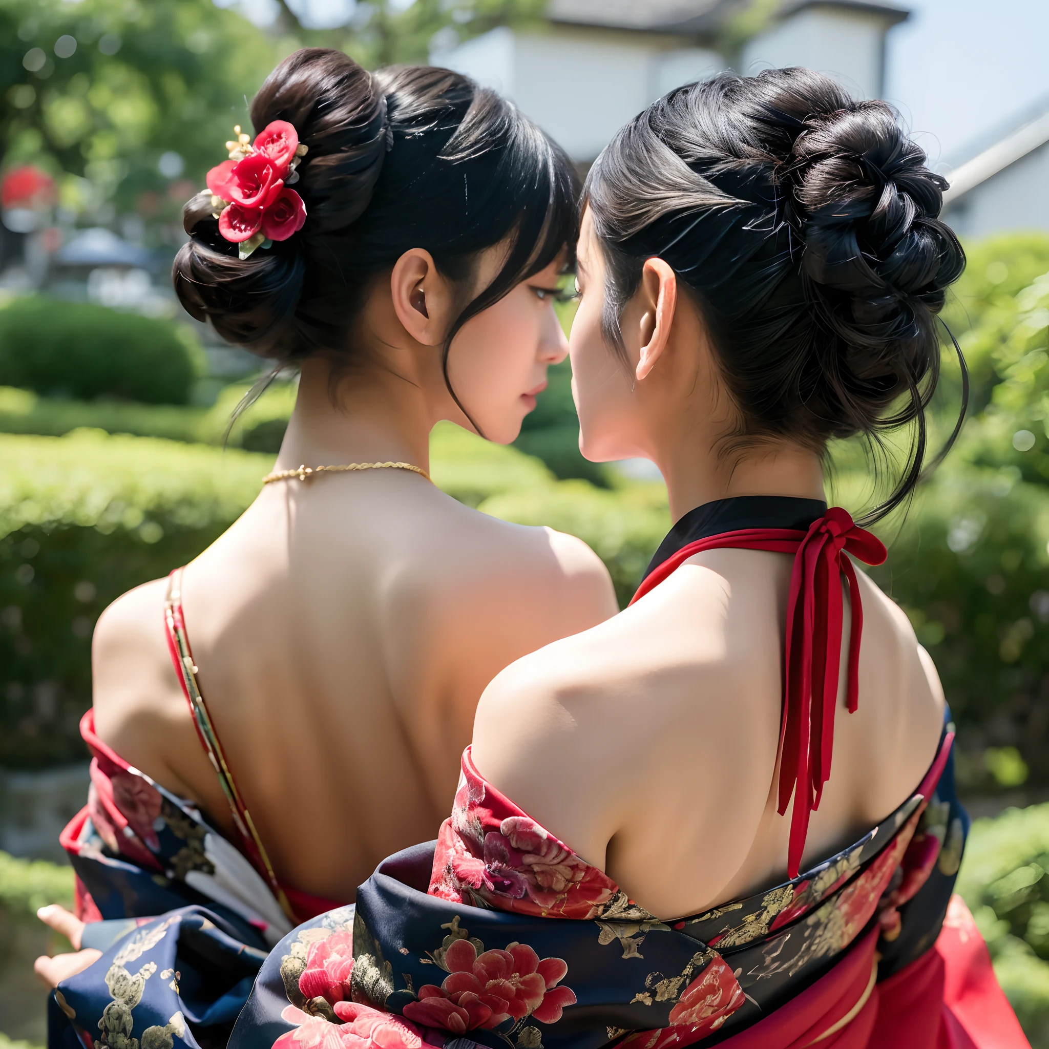 masutepiece, of the highest quality, Best Quality, Official art, Beautiful and aesthetic:1.2),1girl in, The tattoo, Solo, Komono, Red and black kimono, Hair Ornament, unsheathing, Black hair, scabbard, back tattoo, Dragon tattoo, Blue eyes, off shoulders, Bare shoulders, Looking back, from behind, flower, Looking at Viewer, Holding, makeup, plein air,Japan Oiran、Ultra-detail and detail in high quality、