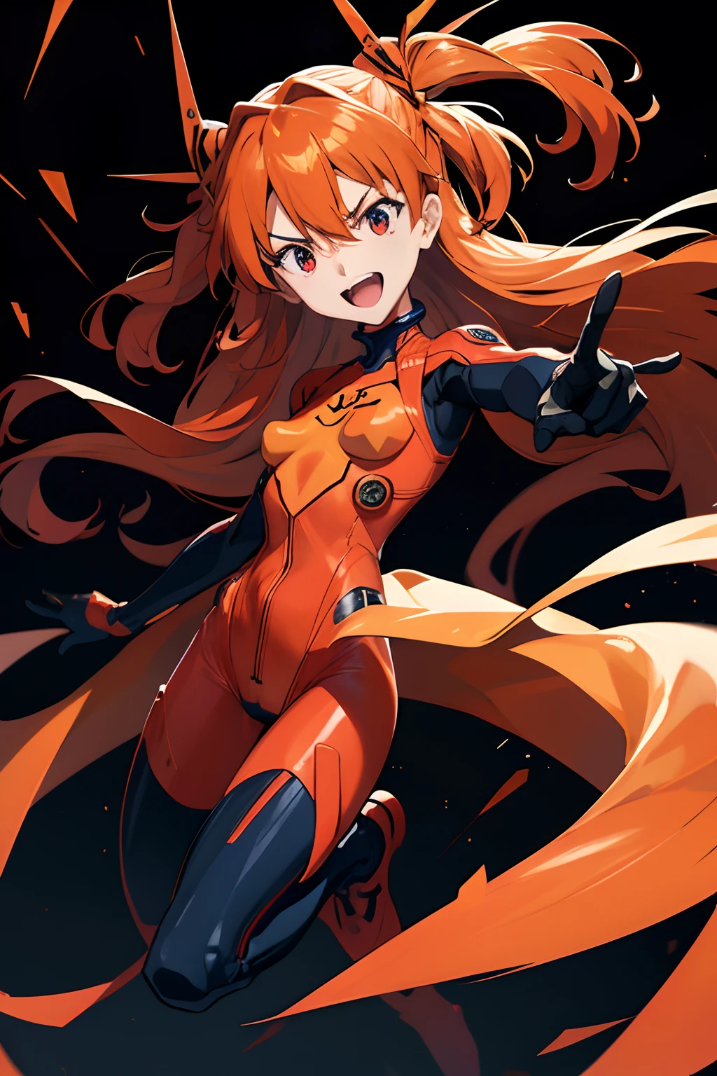 asuka, 1girl, solo, long hair, angry, smile, open mouth, red eyes, simple background, orange hair, hair ornament, gloves, hair between eyes, standing, full body, :d, small breasts, from side, two side up, parted bangs, bodysuit, leaning forward, turtleneck, headgear, happy, outstretched arm, pointing, black background, foreshortening, index finger raised, legs apart, pilot suit, bracer, plugsuit, pointing at viewer, blue bodysuit, skinny,