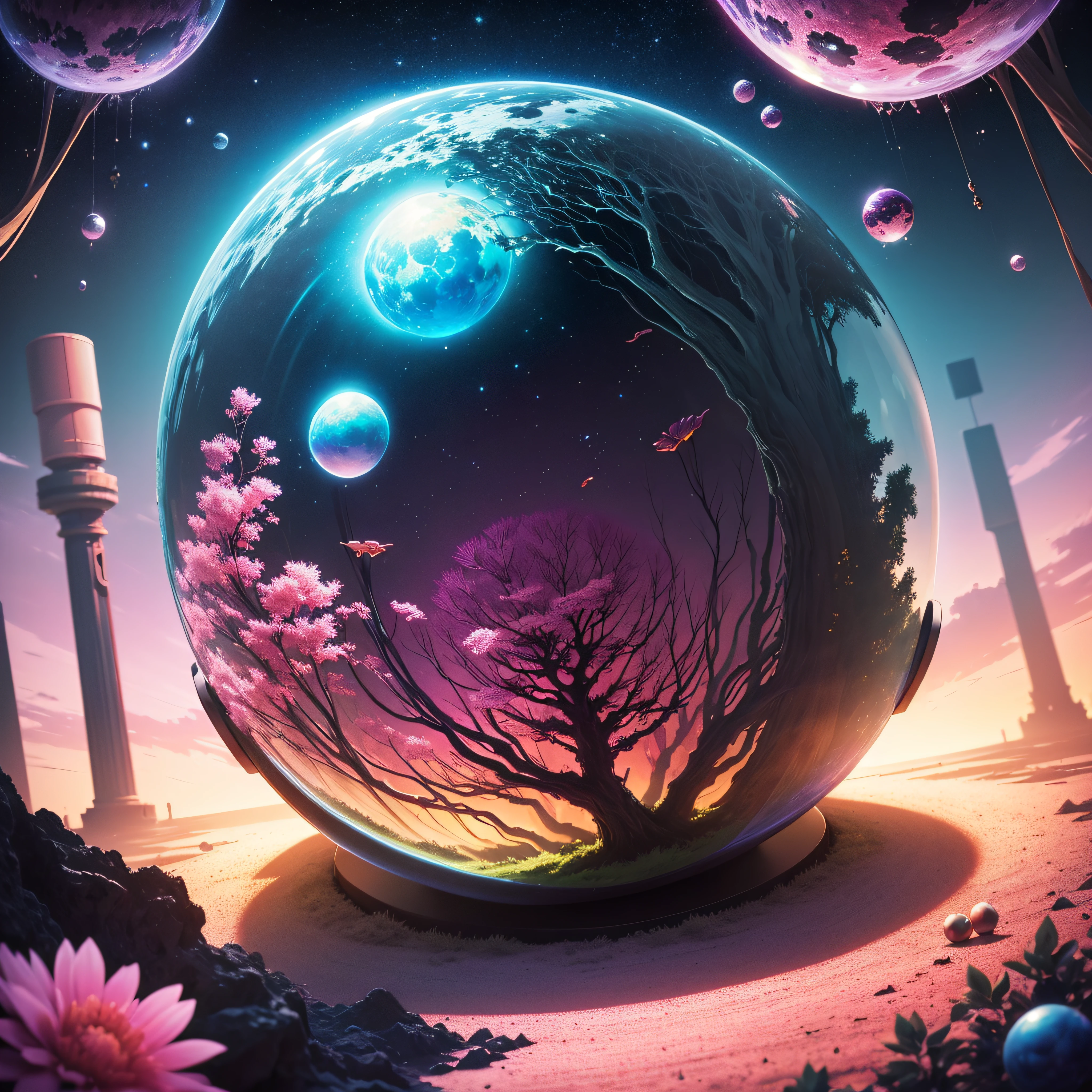 (((masutepiece))) (((Best Quality))) glass sphere, The tree々Close-ups of planets with lots of, Overgrown planet, Green Planet, World of Fractals, A world full of fantasy, Fantasy Planet, dyson sphere, Pink Planet, 3d render beeple, planet landscape, Round planet inspired by Johrah Boschart, planet, A futuristic world, Psychedelic Flower Planet, Ethereal world, (Outgoing Glow) --auto