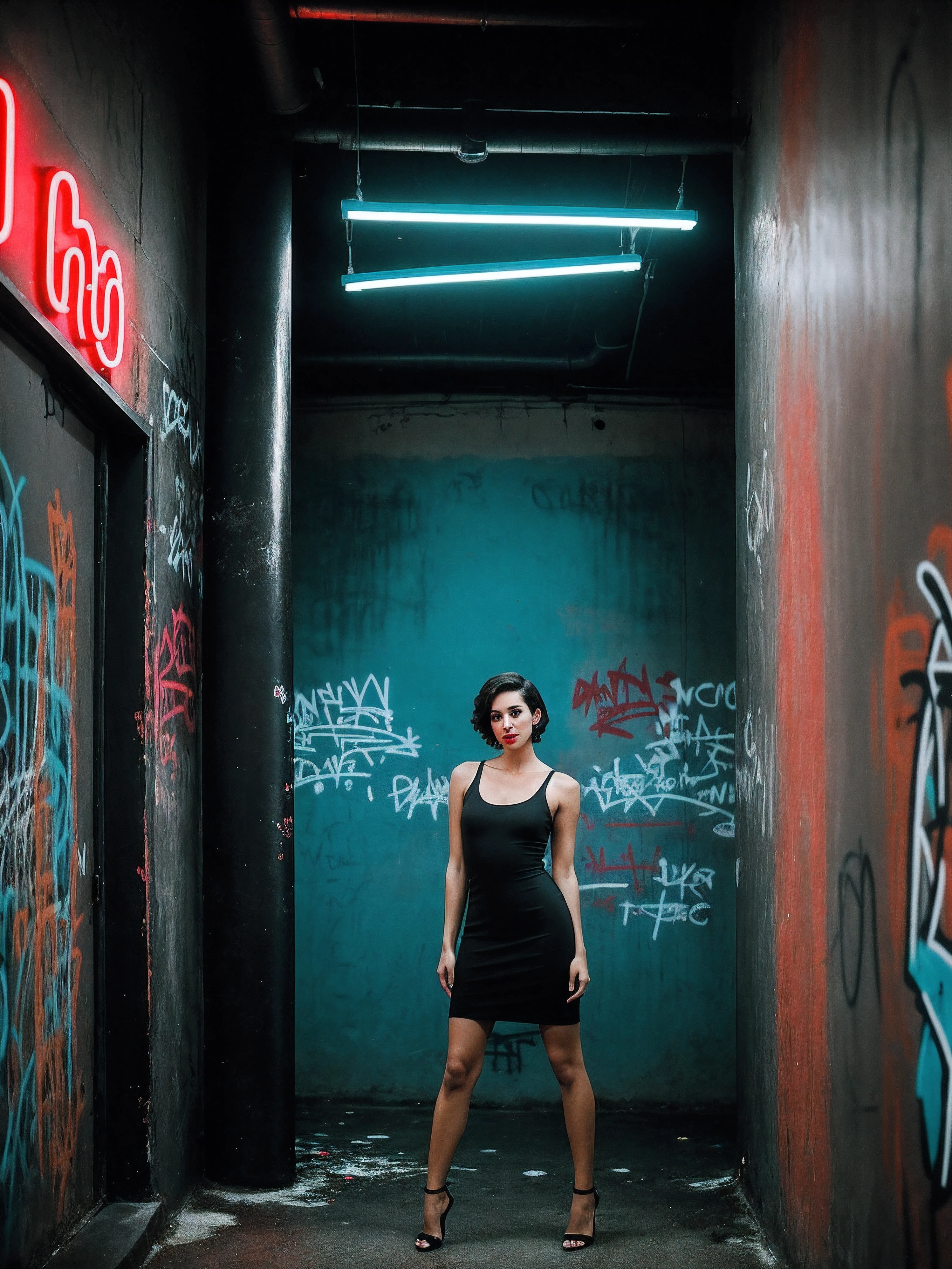 A photo of a woman in a public bathroom captures the allure of a tall, skinny figure with short hair, wearing a sexy black dress with an open back, standing in front of graffiti-covered walls; dark room under a neon sign, her red lips add a touch of intrigue