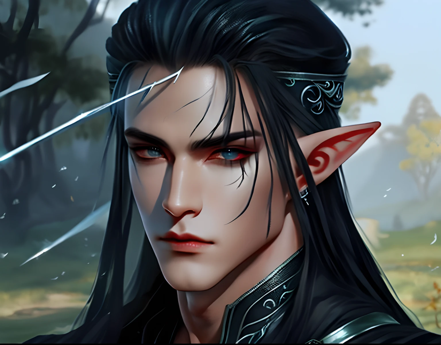 Male elf, black braided hair, shadow wizard, left eye scar, shadow scimitars