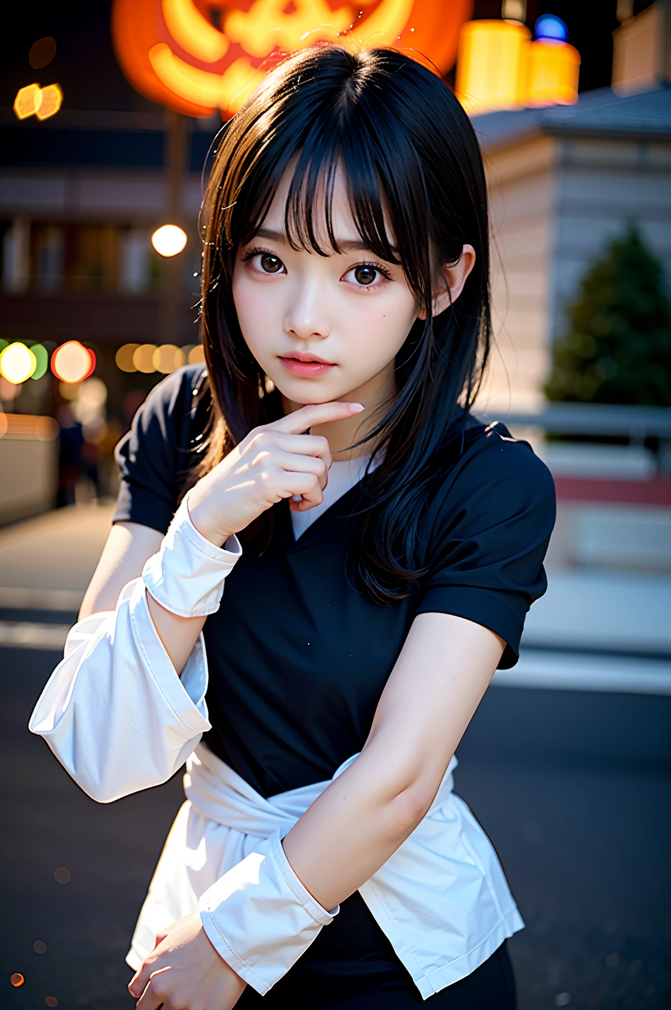 masterpiece, top-quality、Raw foto, Photorealsitic、I am a girl、a short bob、Mummy Cosplay、Bandage the head、Bandage your arm、Bandage the leg、Halloween、during daytime、outside of house、Jack-o'-lantern、chandelle、the bats、dead wood、spider webs、unbelievable Ridiculous、depth of fields, hight resolution, ultra-detailliert, foco nítido, Cinematic lighting