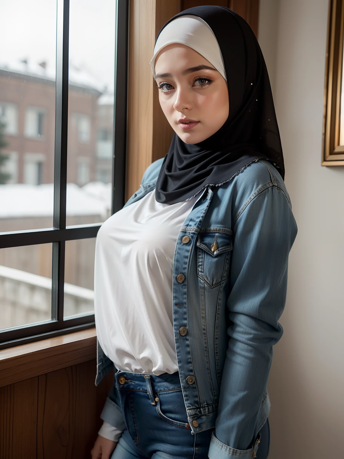 1fille, 21 ans, belle fille,Fille malaise (chemise blanche, Models), clavicule, beaux yeux bleus, ((Porter le hijab:1.4)), maquillage, building, Winter trench coat, jour, Ass in ripped denim pants, garni de fourrure_manteau, garni de fourrure_veste, fourrure_chou, fourrure_couper, jeans, joaillerie, Grand buste, (seins gigantesques:1.2, seins lourds pendants, poitrine parfaite de forme ronde), realistic face ,(Better lips, Detailed nose ,detailled eyes ,visage mignon), de dos tout en regardant_ved_spectvedeur, Potrait corporel complet, nombril, mineur, half-naked , seins les plus gigantesques, dehors, ciel, neige, neige, seulement, window, hiver, ((Ultra detailded ,Masterpiece ,hyper detailed, Highest quality resolution, Best quality, photoreallistic ,Kinematic light, Bokeh)), beau cul, Beautiful Korean girl, Detailed_Oeil, visage, detailled eyes, montre ses fesses, cul parfait, se penchant en avant pour montrer son cul