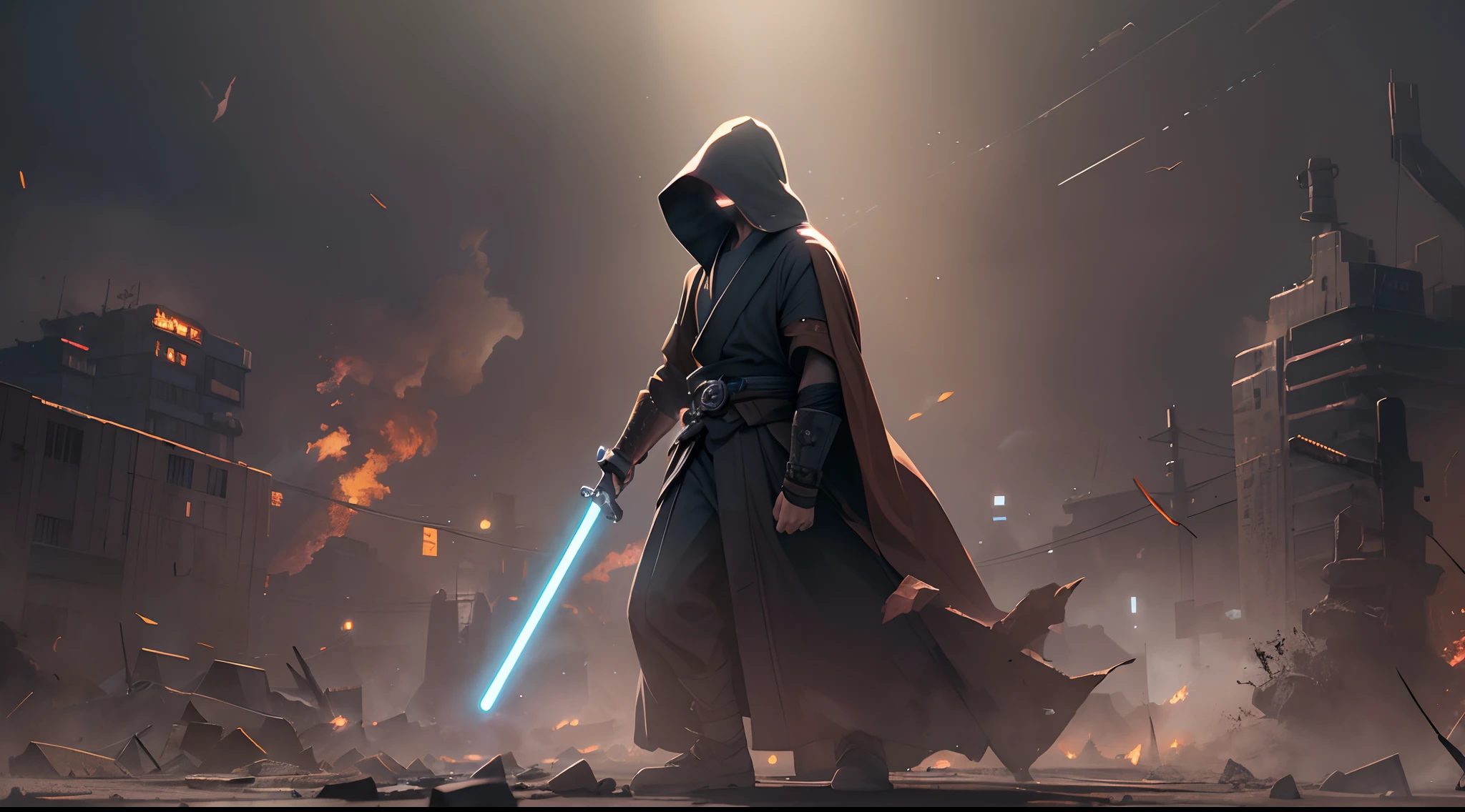 Standing body, Jedi, (illustration style), Battle debris on the ground, dark smoke, wallpaper, intricate background, amazing background, action scene, (like an action movie cover)