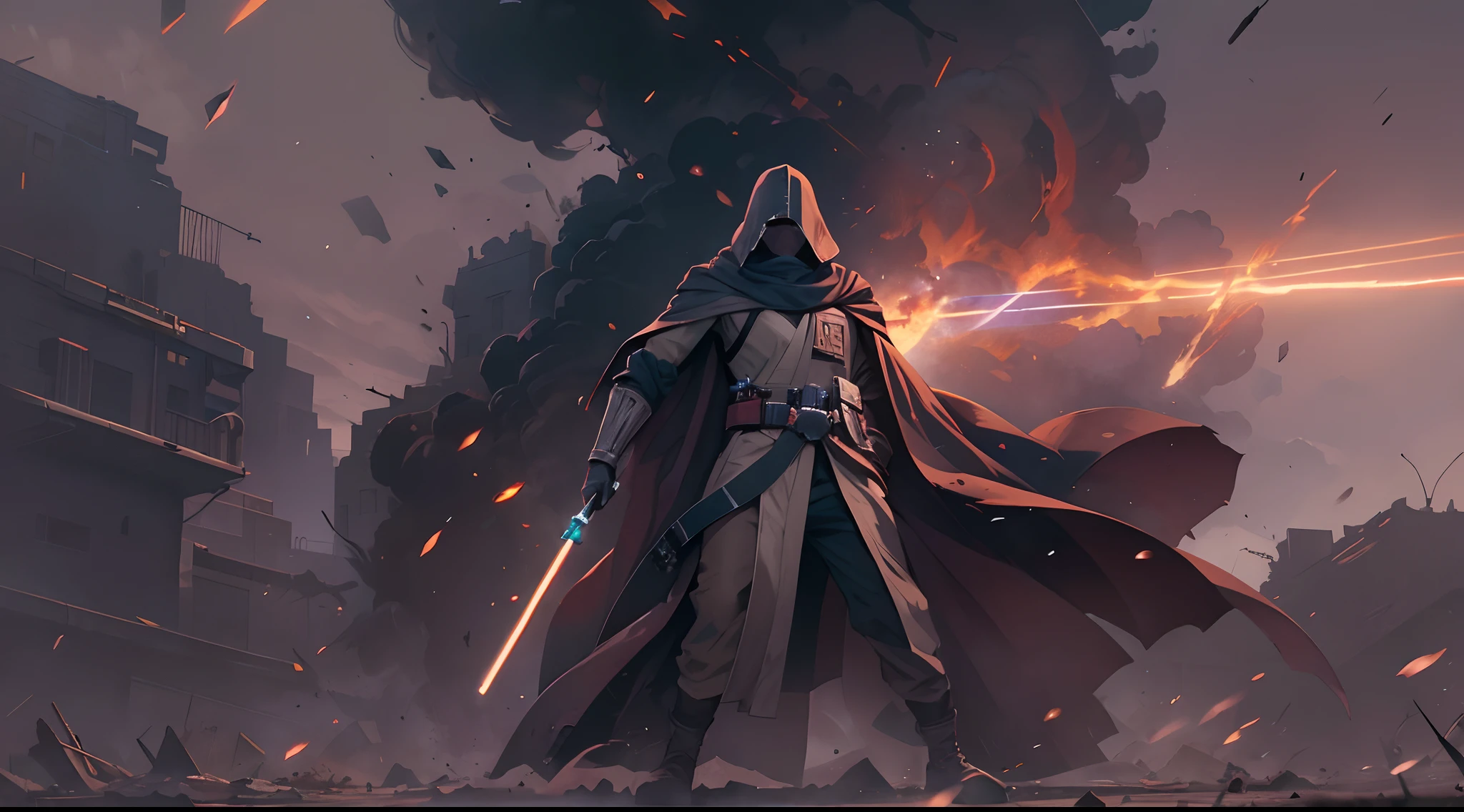 Standing body, Jedi, (illustration style), Battle debris on the ground, dark smoke, wallpaper, intricate background, amazing background, action scene, (like an action movie cover)