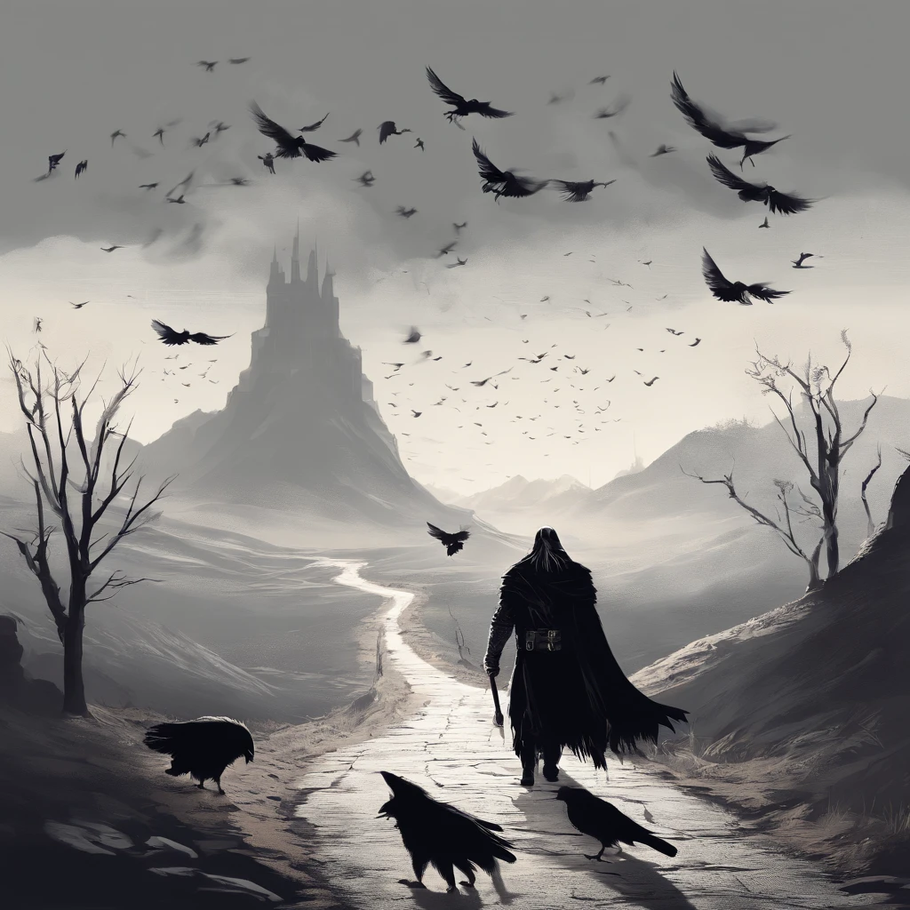 Norse god Odin wearing black cloths walking across an ancient road and being accompanied by crows