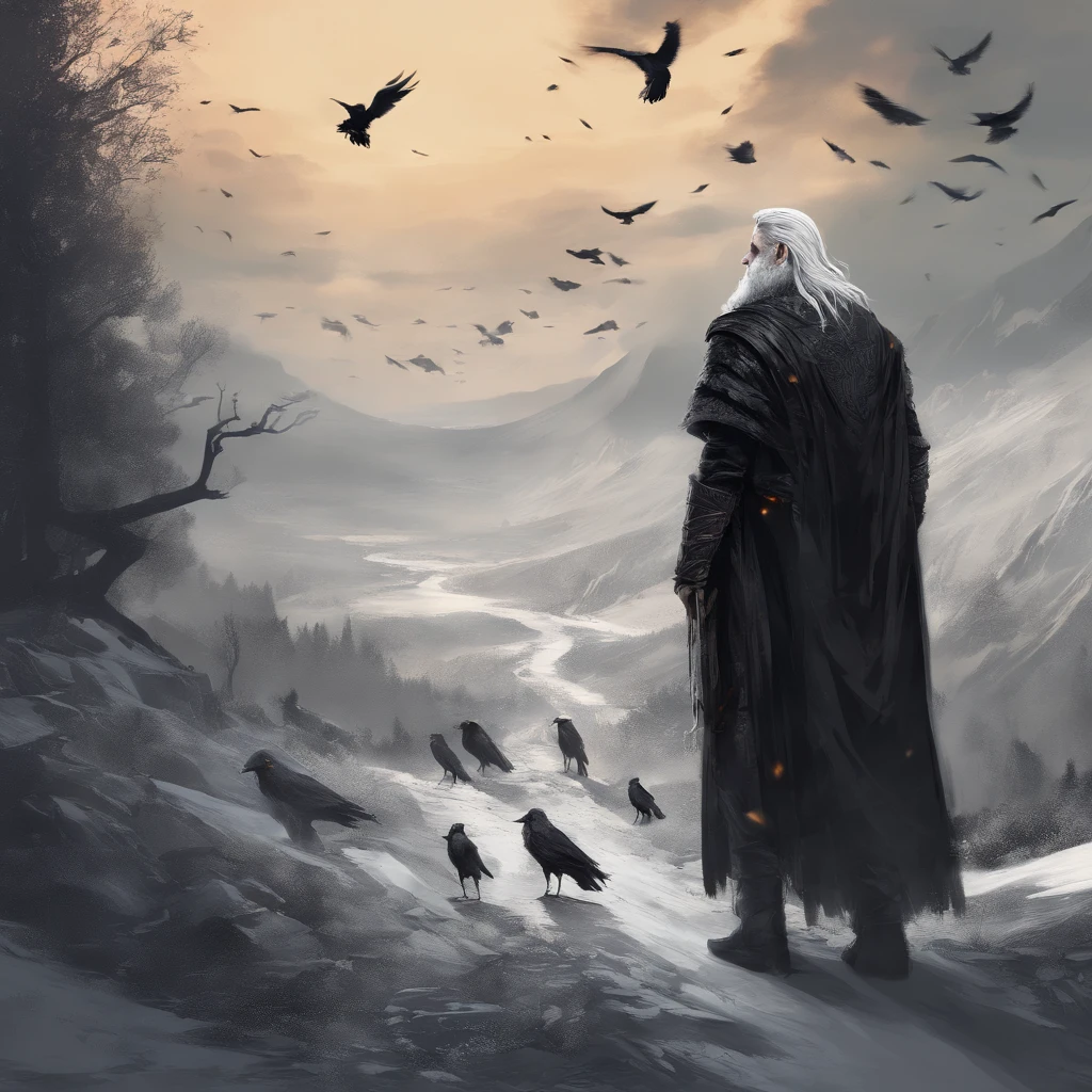 Norse god Odin wearing black cloths walking across an ancient road and being accompanied by crows