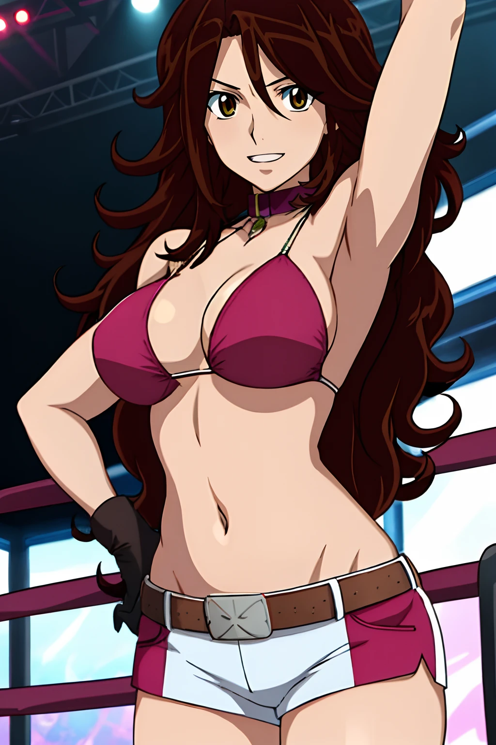 curvy midsection, solo, 1 girl, female wrestler, ultra toned arms, smile, ), (detailed titration screen, upper body only, anime style: 1.8, anime drawing, ultra detailed face, ultra detailed body, 4k, Sumergai Lee Noriega, (standing), best quality, anime style, hires, highest definition, digital blending, bold drawing lines, ((wwe diva), ((location: wrestling arena, crowds watching)), ( pro female wrestler, slim body, (little biceps), , off-shoulders, closed fists, (very curvy: 2.8)), ((elegant bikini , shorts, white gloves, collar, arm band, (champion belt))), (pale skin, big breasts, widely open mouth, teeth), (big eyes, brown eyes, shiny eyes), (), (brown hair, loose hair, curly hair, wavy hair, long hair, missy hair), 27 years old