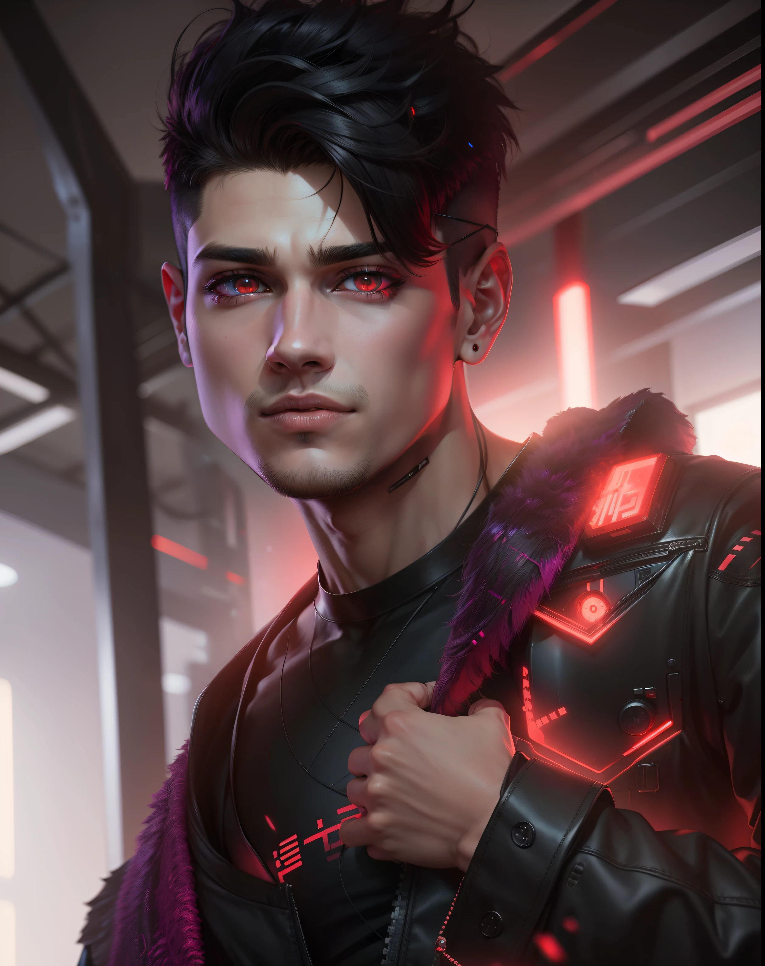 change background, handsome boy cyberpunk boy Beutifull haircut Red eye 8k