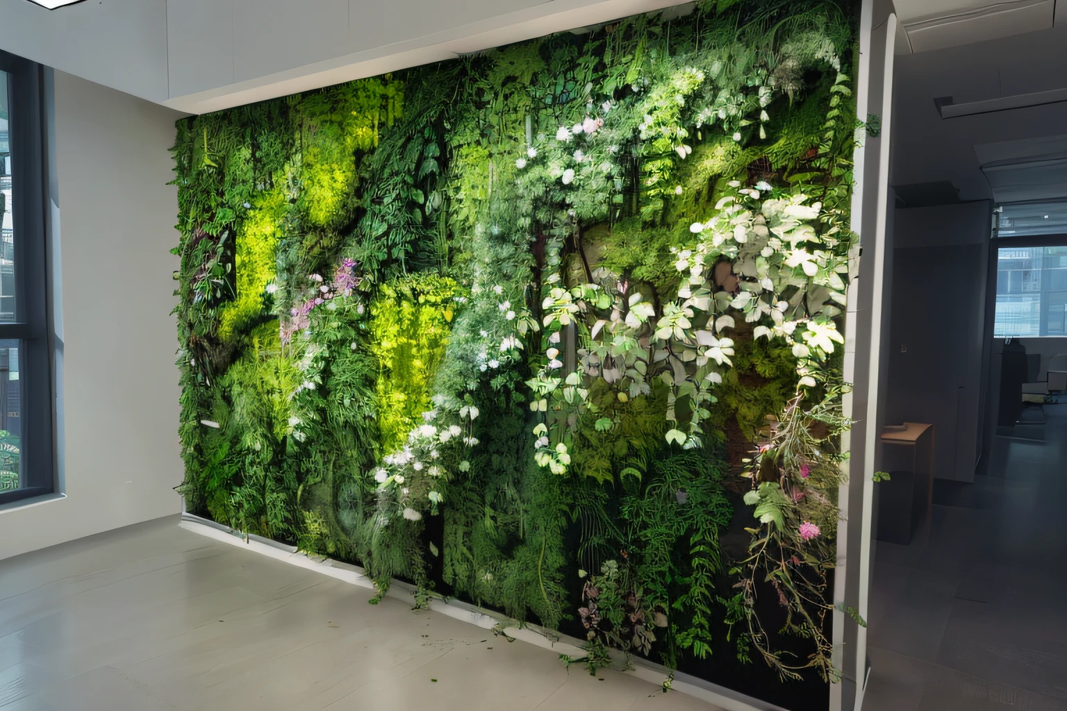 Award-winning interior, Office building corridors, Interior close-up, The Garden of the Fallen, flowering vines, Whimsical green, Organic layered textures，Moss on both sides，Focus Clear, 8K