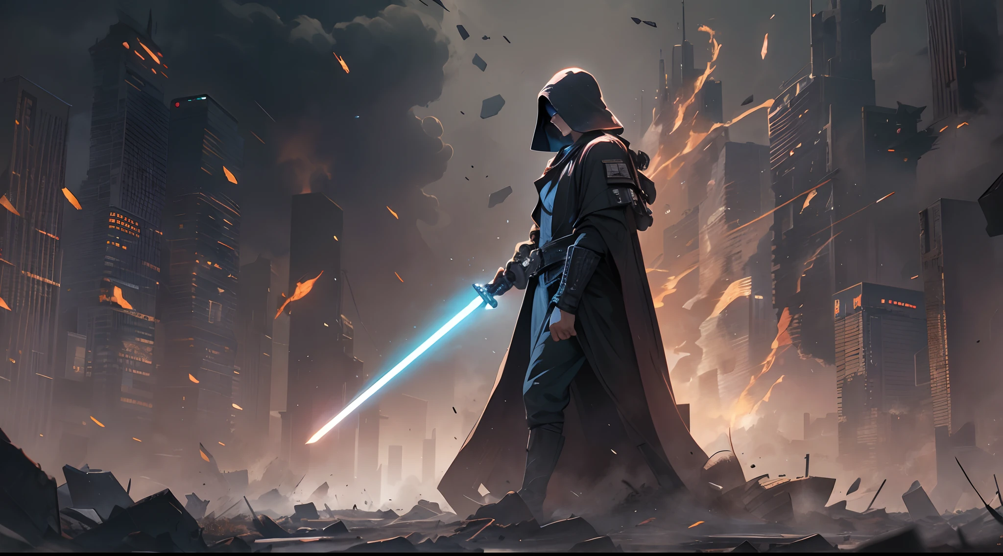 Standing body, Jedi, (illustration style), Battle debris on the ground, dark smoke, wallpaper, intricate background, amazing background, action scene, (like an action movie cover)